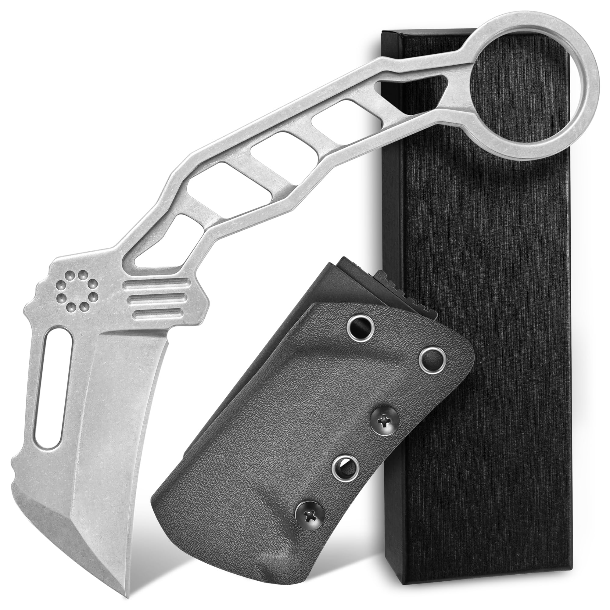 Ccanku C1120 Fixed Blade Knife D2 All Steel Handle EDC Tool Knife with Kydex Sheaths for Outdoor, Camping(Silver)