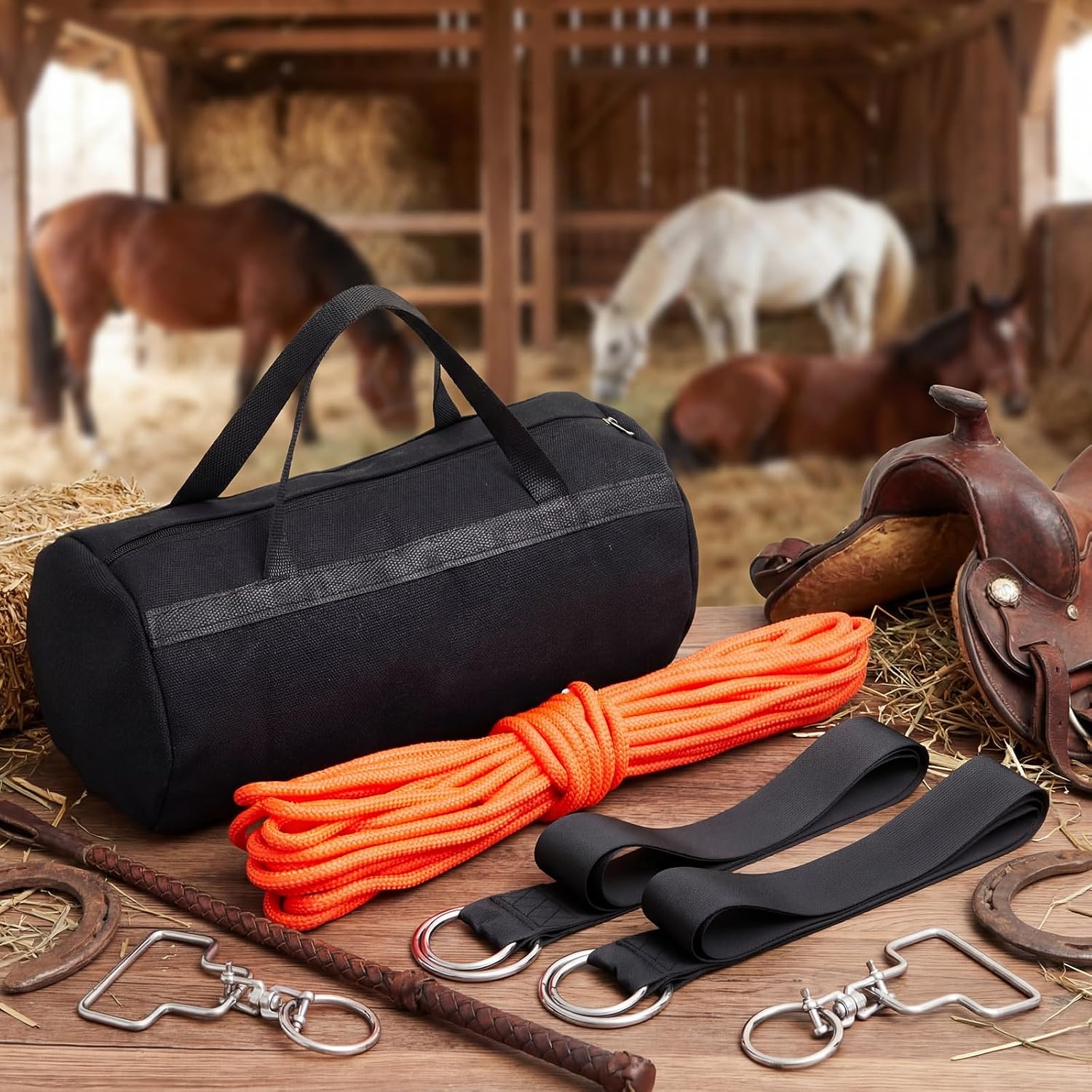 2-Horse Highline Kit Swivel Horse Camping Tie Line Kit Include 49 ft 3/8" Orange Nylon Rope, 2 Stainless Steel Swivels, 2 Tree Saver Straps and Carry Storage Bag