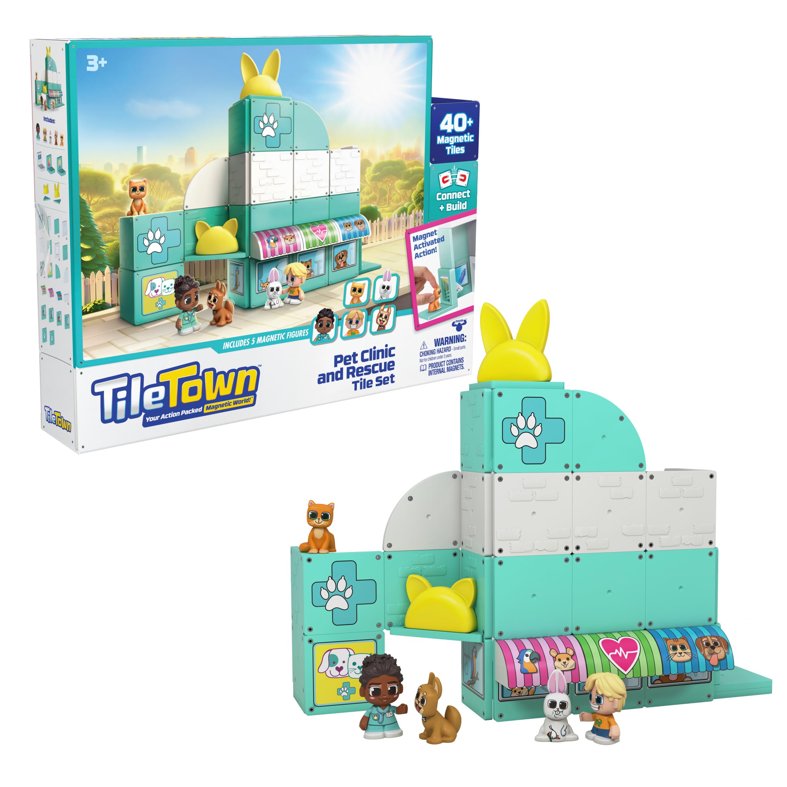 Tile Town Pet Vet Magnetic Tiles Construction Building Playset + Figures, Kids 3-5+