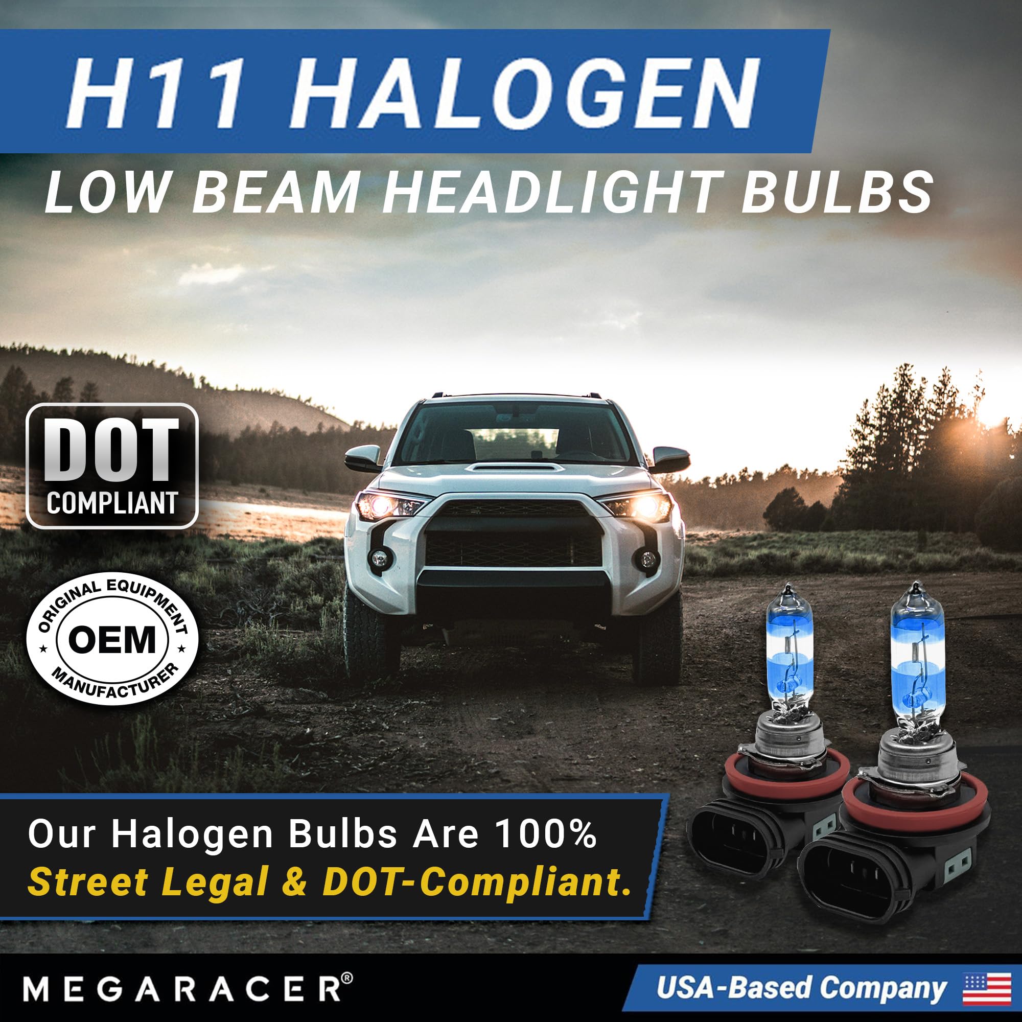 Mega Racer Premium OEM H11 Halogen Headlight Bulb (Low Beam) - Street-Legal & DOT Compliant for On-Road Use, Automotive Head Light Replacement for Car, 12V 55W, Plug & Play, Pack of 2 - Made in Korea — view 2