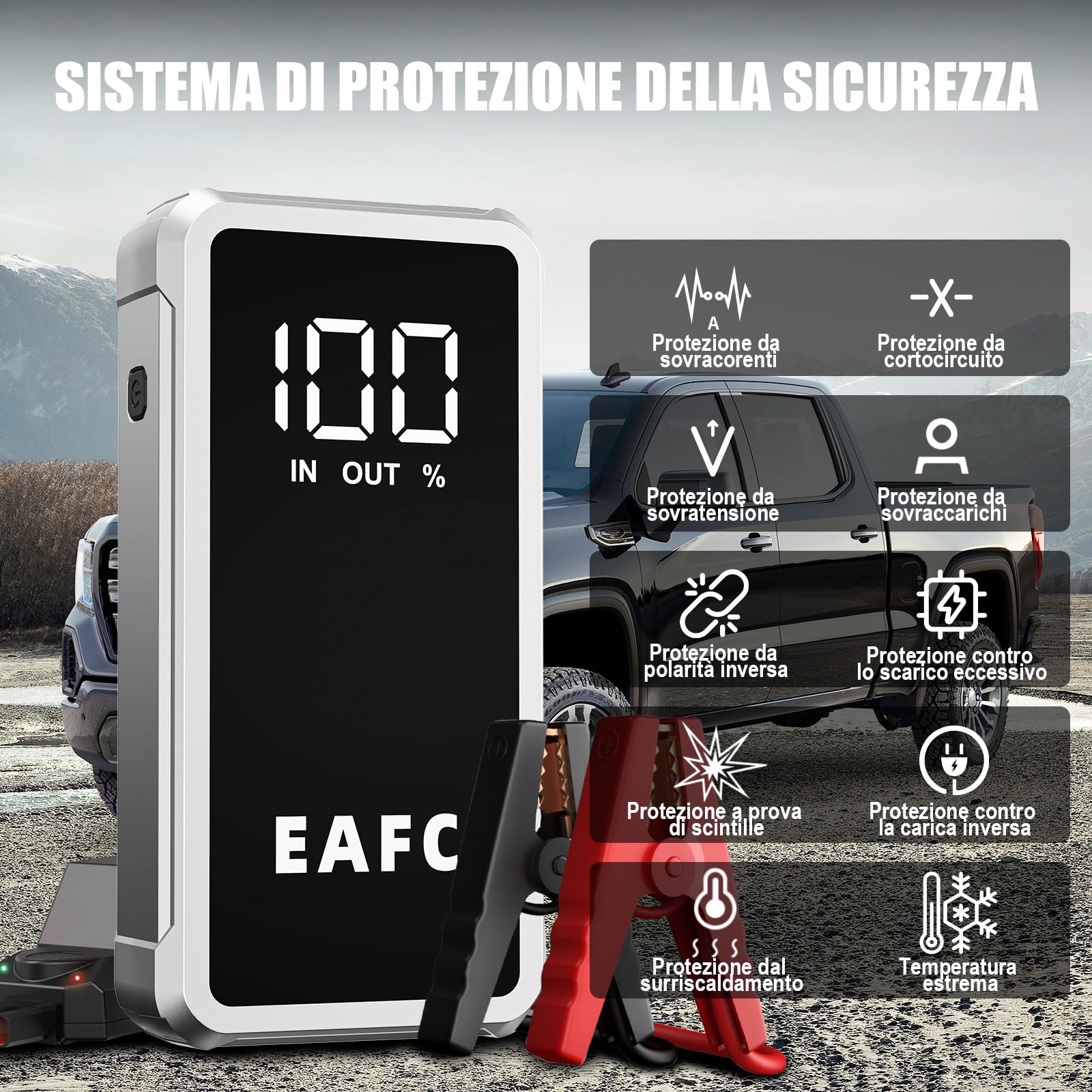 Powerbank avviatore per auto 12000mAh, booster auto avviatore 5000A 12V (fino a 10L di benzina/6L di diesel), avviatore auto booster con 3 modalità LED, schermo LCD, uscite USB 2.0, (scatola di