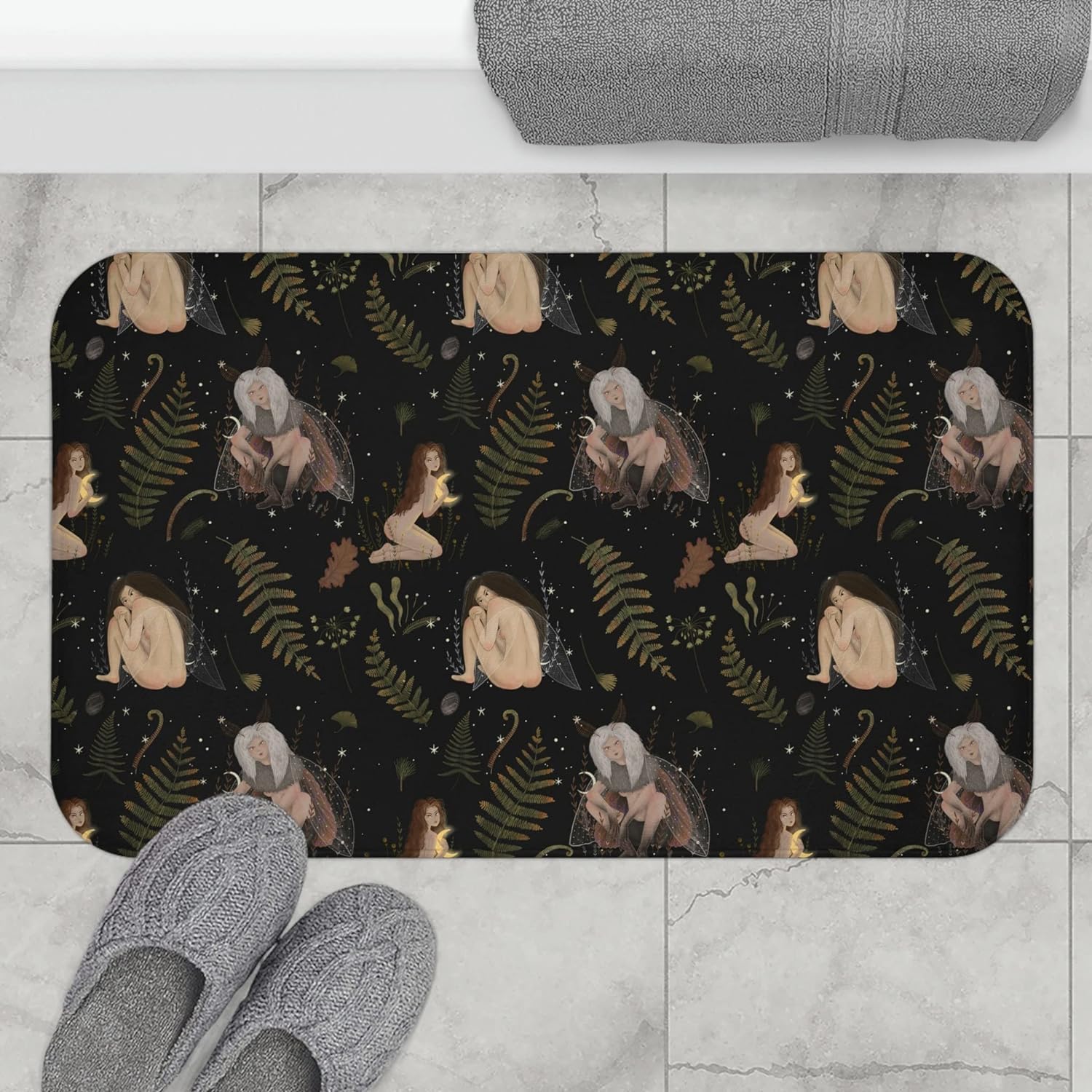 Flavas Dark Cottagecore Fairy Bath Mat,Dark Academia Botanical Bathroom,Fairycore,Fairy Wings,Witchy Bath Decor,Goth Celestial Kitchen Rug 24x16 Inch