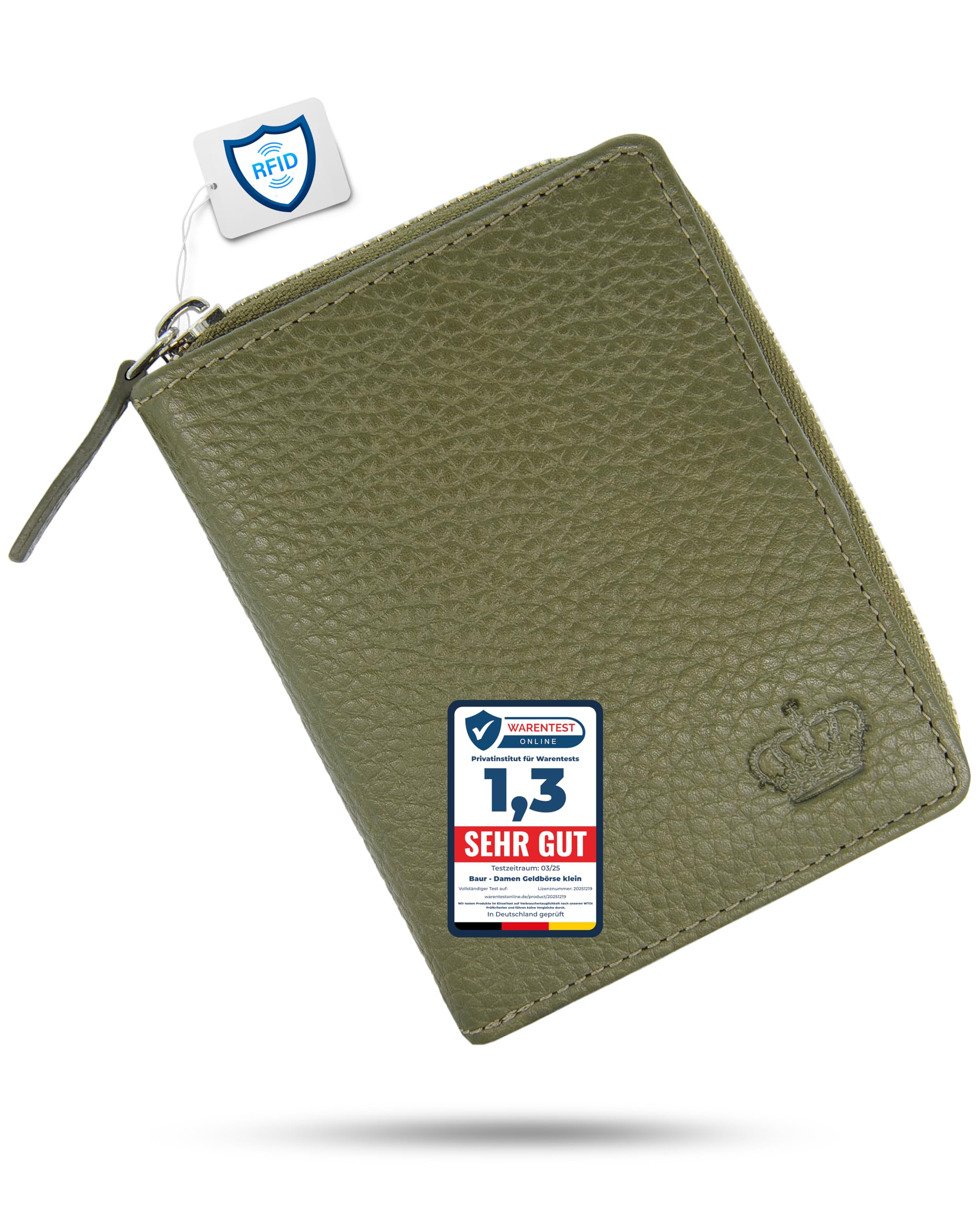 Baur Damen Geldbörse – Echtes Leder mit RFID-Schutz – Kleines Portemonnaie mit 6 Kartenfächern – Druckknopfverschluss & Münzfach mit Reißverschluss (Olive-Grün)
