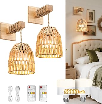 Rattan Wall Sconce, Boho Battery Operated Wall Sconce Set of 2 | Rechargeable Wall Sconces with 13000mAh Bulbs, Boho Wireless Battery Powered Lamp/Lights for Bedroom Wood