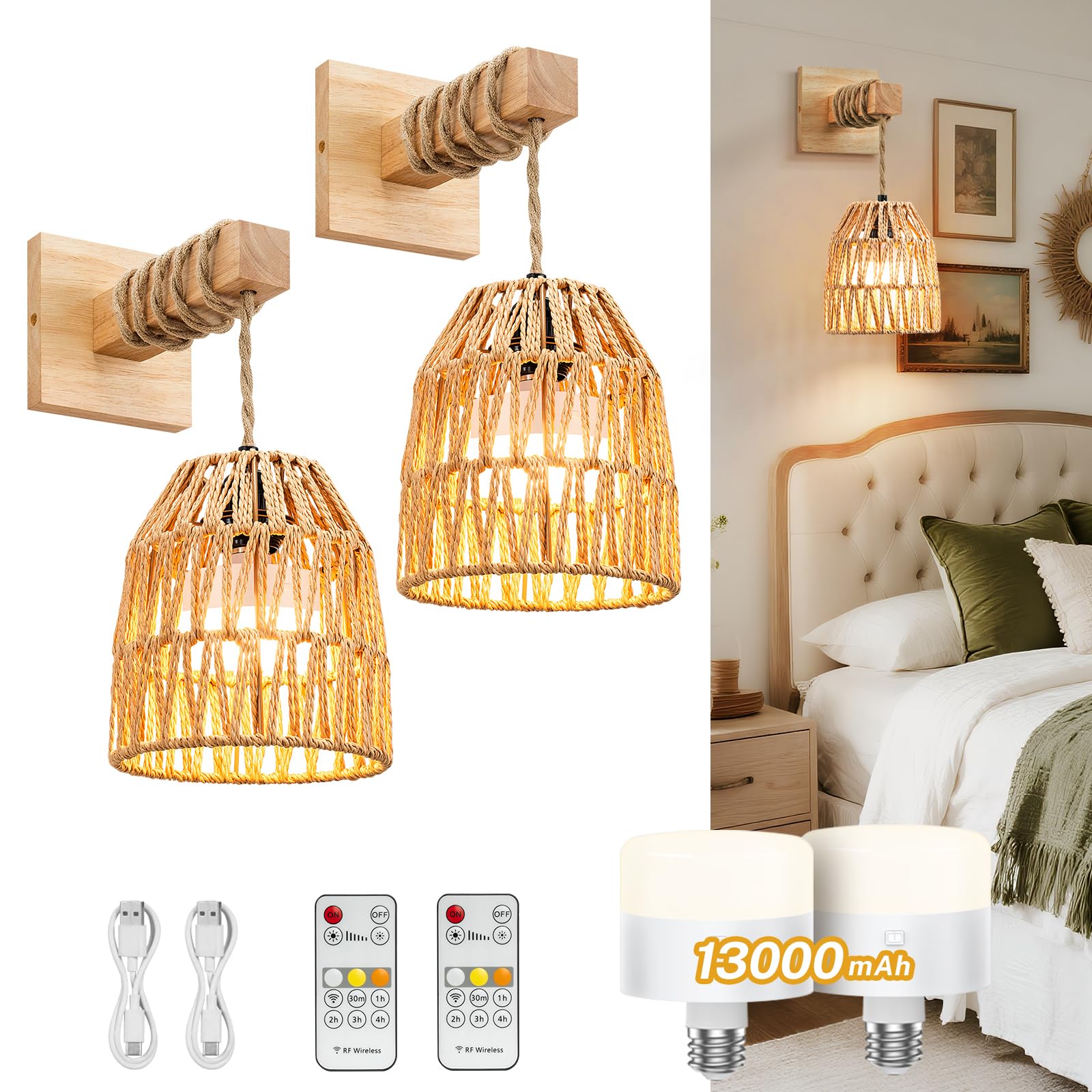 Photo 1 of Glitnous Rattan Wall Sconce Set of 2 (Battery Operated)