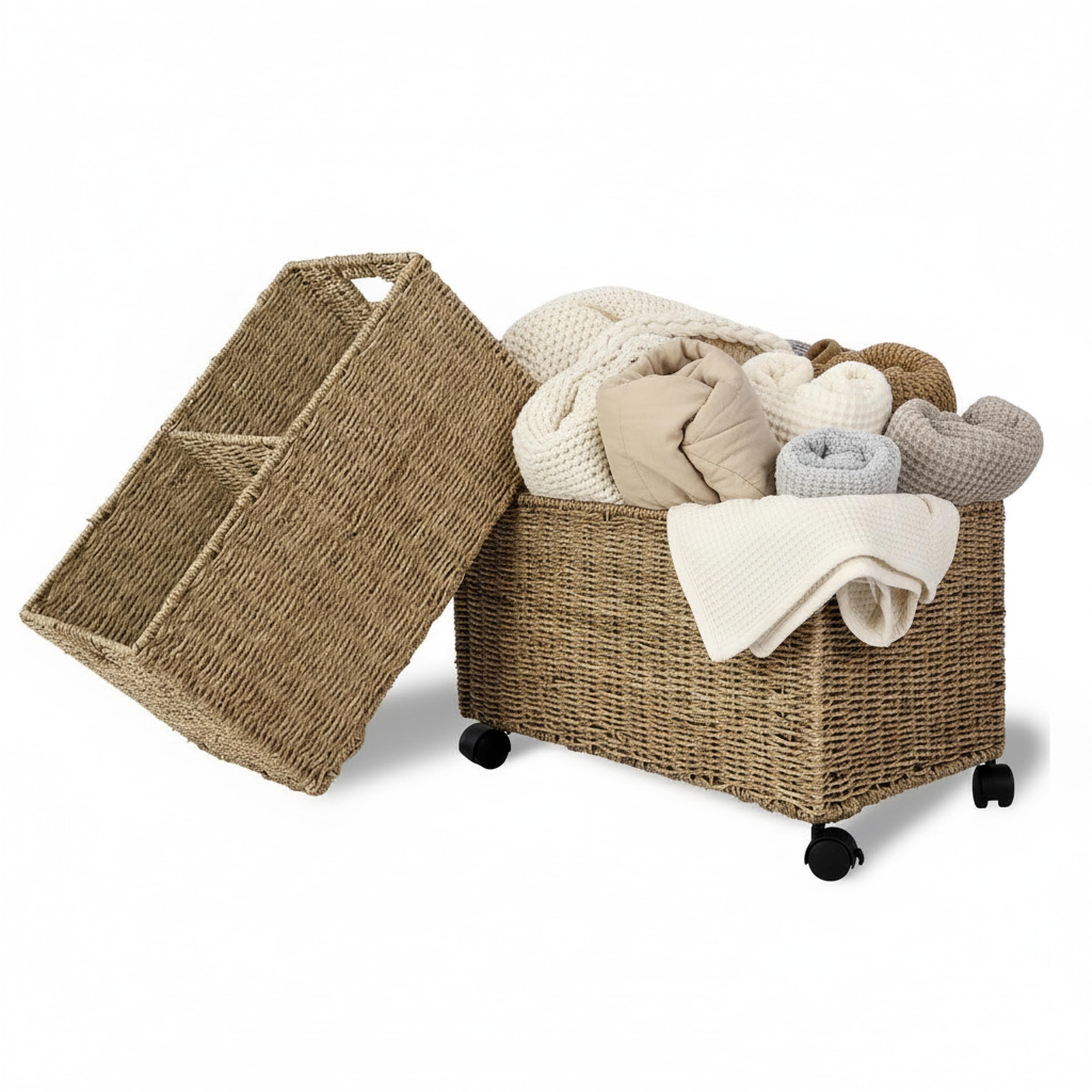 PEMAR Set 2 Nesting Natural Wicker Rolling Storage Baskets on Wheels w Insert Handles, Under Table Under Desk Woven Storage Bins, Mobile File Cabinet Organiser (Seagrass, Sizes M, L Nesting)