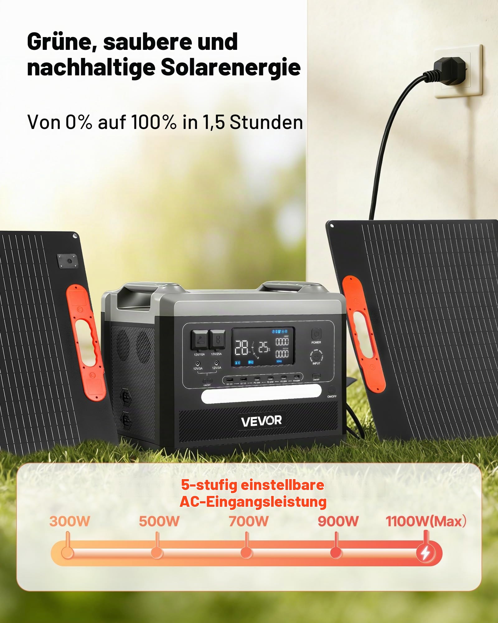 VEVOR Tragbare Powerstation, 2400-W-Solargenerator mit 2 faltbaren 200-W-Solarpanels, erweiterbarer 2160-Wh-LiFePO4-Akku mit 10 Ausgängen für Notstromversorgung zu Hause, beim Camping und im Wohnmobil