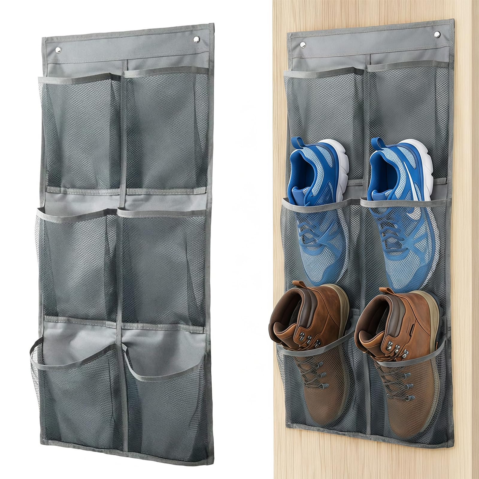UOSIWYA Over Door Shoe Storage, RV Shoe Rack No Drill Door Shoe Holder Organizer 6 Pockets Wall Mounted Organiser for Campervan Entryway Narrow Doors, Fit 3 Pairs Sneakers or Boots (Grey)