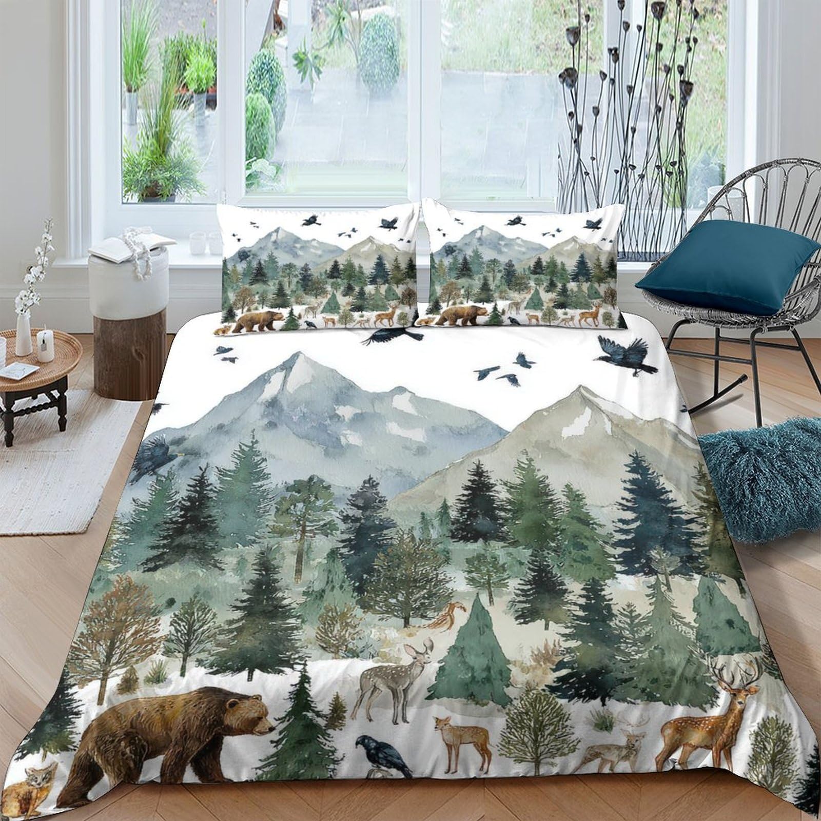 Ctjqhvkz Style-4 3D Printed Forest Landscape Fitted Sheet Microfiber Soft Breathable Bear Mountain Bed Cover For Home Bedroom Dorm Mattress Protection Decor Single（135X200cm）