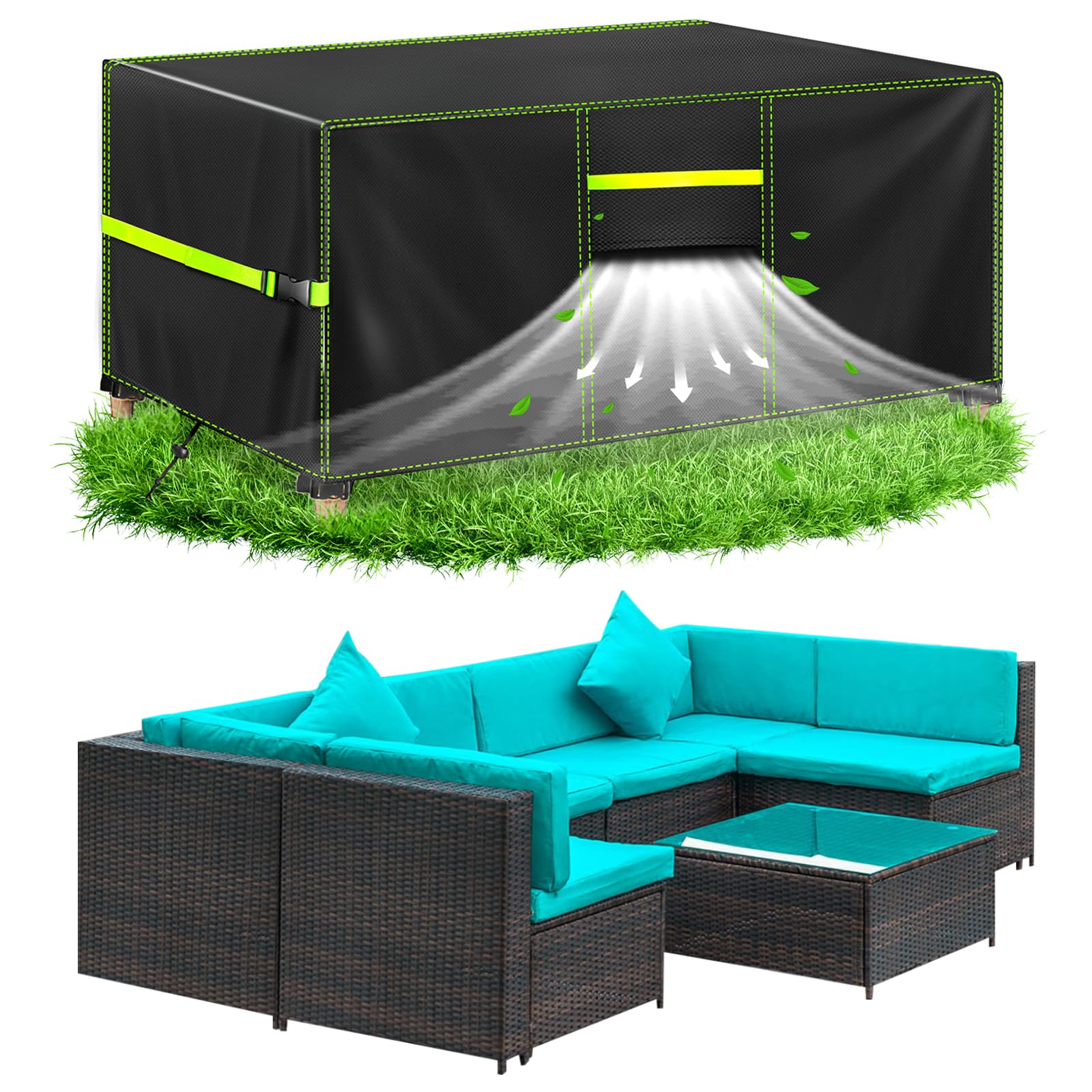 BOLEi Housse de protection pour meubles de jardin - Résistante à l'hiver - Avec ouvertures d'aération - En tissu Oxford 420D - Imperméable - Coupe-vent - Pour meubles en rotin, meubles de balcon - 270