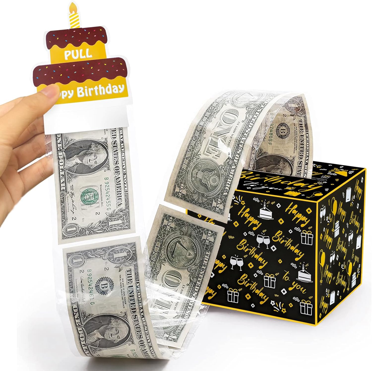 Happy Birthday Money Gift Box with Pull Out Card and Cash Holder - Black & Gold DIY Surprise Box 1PCS