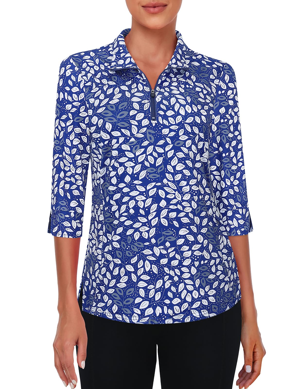 Viracy Womens Golf Tops 3/4 Sleeve Golf Shirts for Women UPF50+ Sun Protection 1/4 Zip Up with Zipper Pockets Moisture Wicking for Yoga Athletic, Blue Leaves-Large