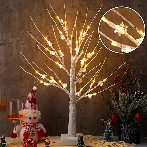 Decoración de Navidad de 17.7 pulgadas, árbol de abedul iluminado con 48 luces LED, árbol de abedul blanco con temporizador a batería, mini árbol