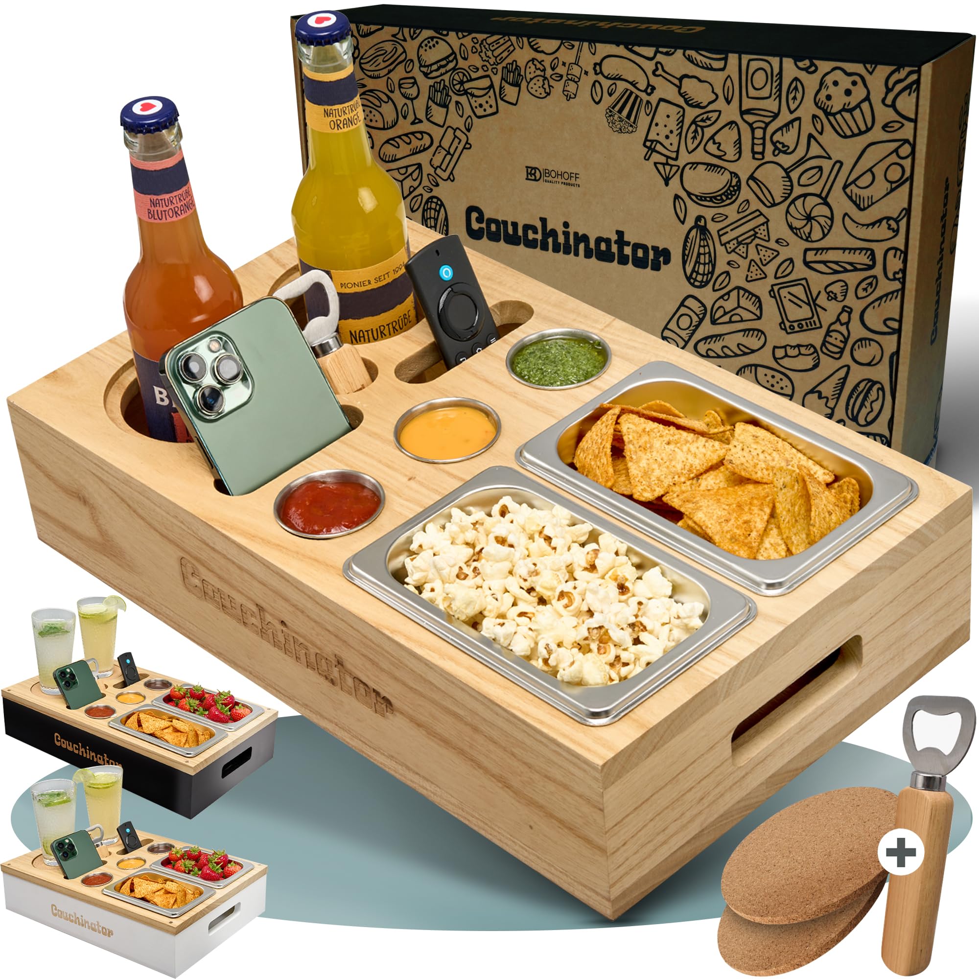 Premium Couchbar – Legno di Kiri, 3 colori, 2 ciotole per snack, 2 sottobicchieri, 1 apribottiglie, organizer per snack – Divano Butler vassoio da portata (legno con scritta)