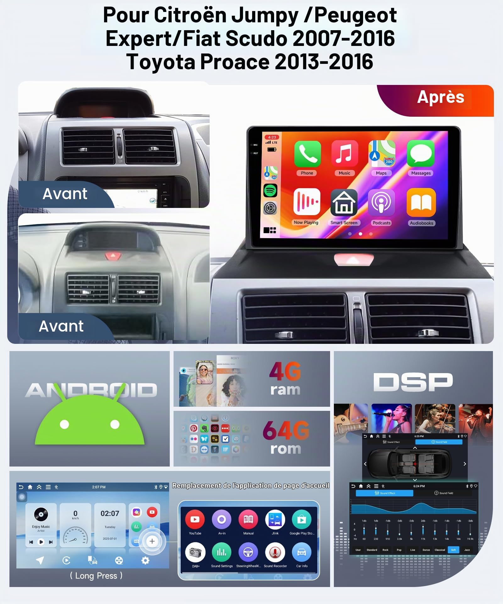 【4+64G】 Hodozzy Carplay Autoradio pour Citroen Jumpy 2/Peugeot Expert/Fiat Scudo/Toyota Proace 2007-2016, 9 Pouces Ecran in-Cell Autoradio avec BT/Android Auto/WiFi/GPS/RDS/FM/USB/DSP+Caméra de Recul