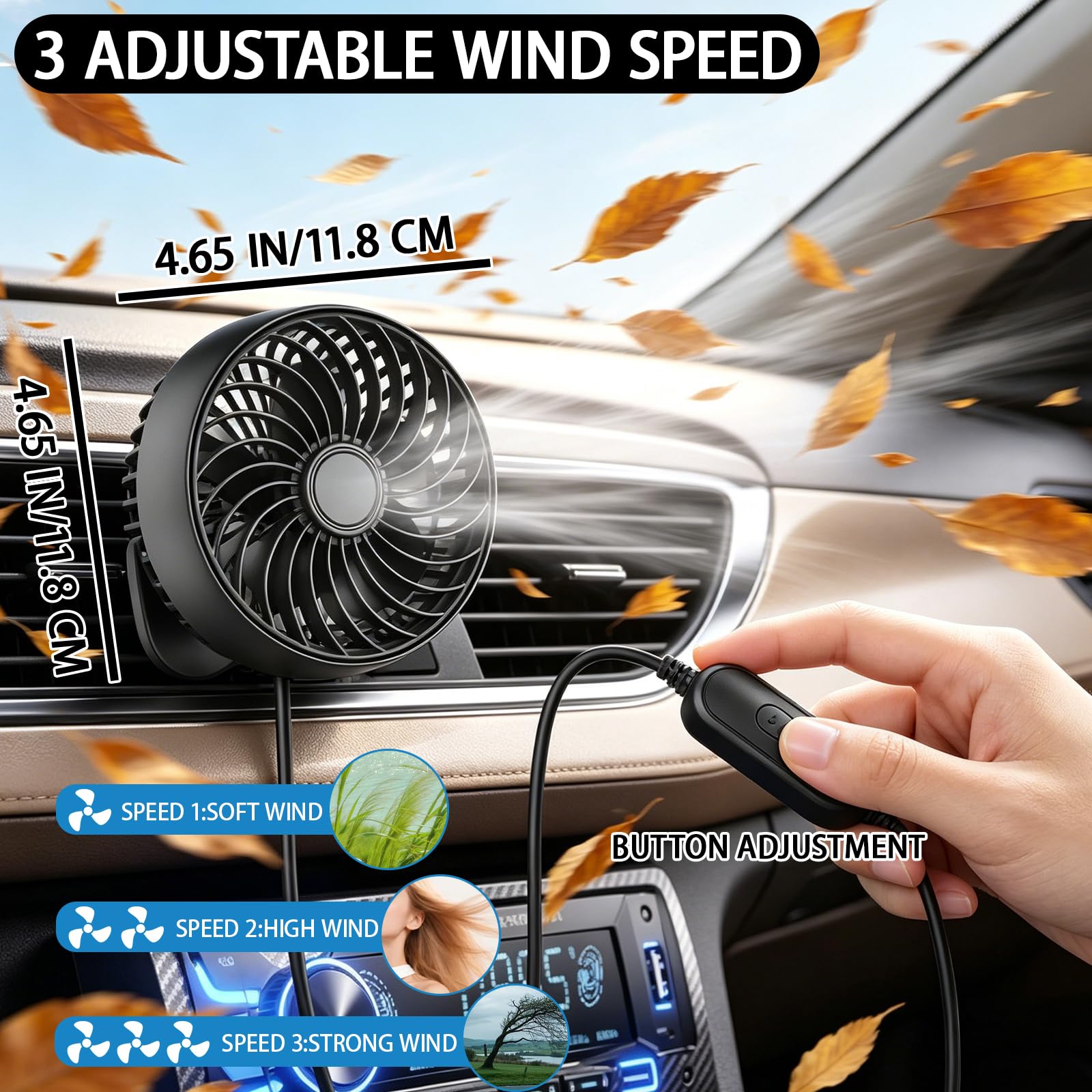 Ventilatore USB per auto con montaggio a gancio, ventola portatile per auto, 5 V/1 A, ventola di raffreddamento per auto, 3 velocità regolabili, girevole a 360°, clip di raffreddamento per la