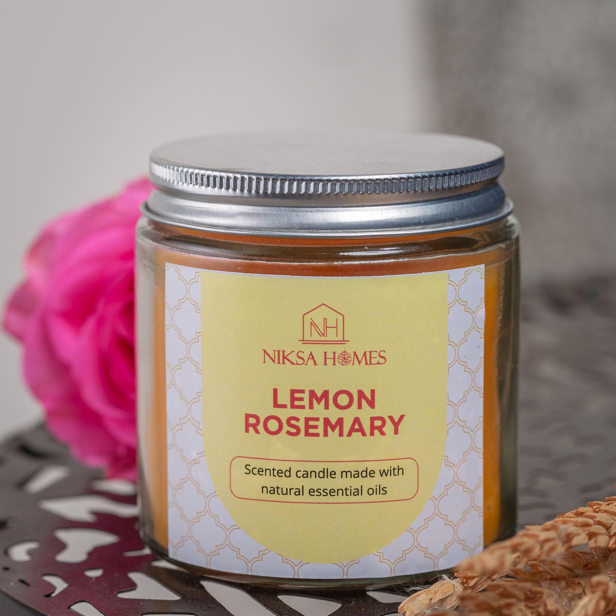 NIKSA HOMESNIKSA HOMES Big Jar Candle | Smokeless Paraffin Wax | Ideal for Home Decoration, Aromatherapy, Thoughtful Gifting, Decor Gift | Reusable Glass Jar | 30 Hours (Lemon Rosemary)
