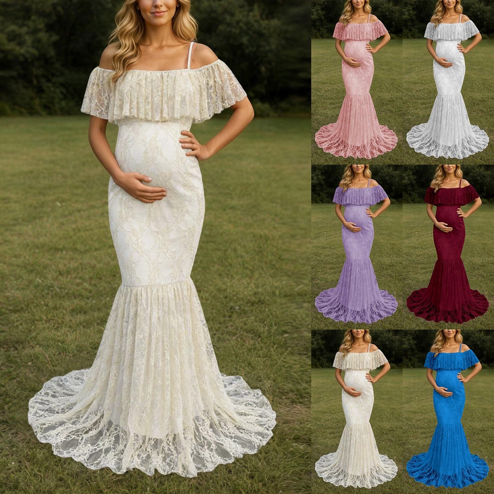 Abito premaman da donna con spalline sottili, abito premaman con volant in pizzo floreale, abito estivo per fotografia, abito da matrimonio, abito elegante in tinta unita da donna per baby shower