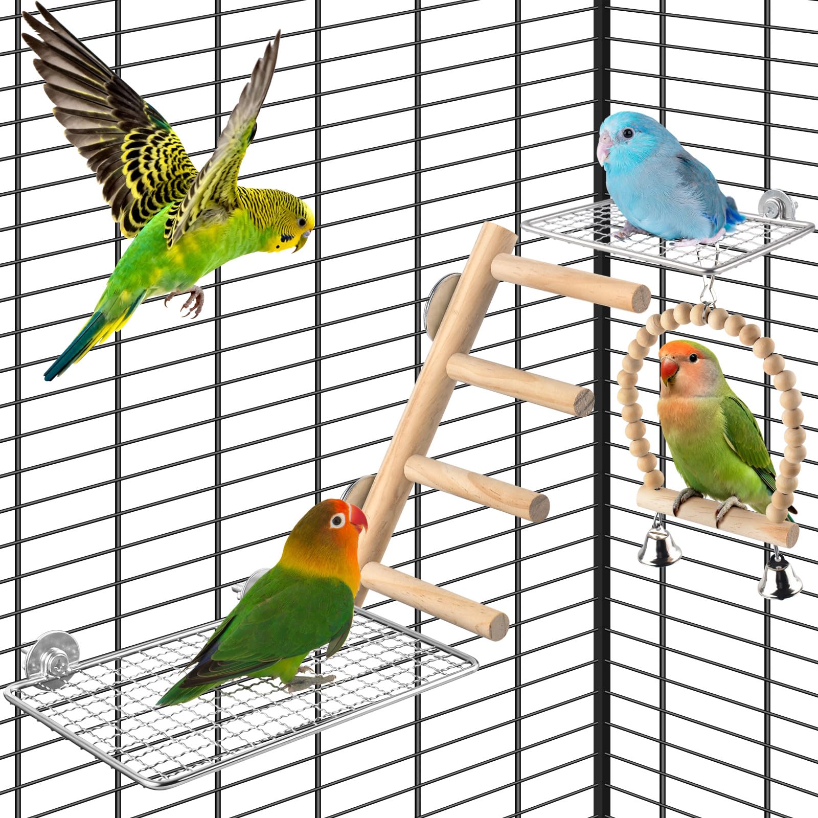 4Pcs Bird Perches Toys, Stainless Steel Perch Platform (2 Sizes), Natural Wood Parrot Climbing Ladder & Swing with Bell, Play Gym Cage Accessories for Budgie Cockatiel Lovebird Canary Conure