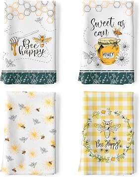 Spring Summer Honeybee Tea Towels, Cotton Kitchen Towel 18.9 27.5 inch, Quick Drying Dish Cloth for Party Anniversary Holiday Decoration, Housewarming Gifts for Mom