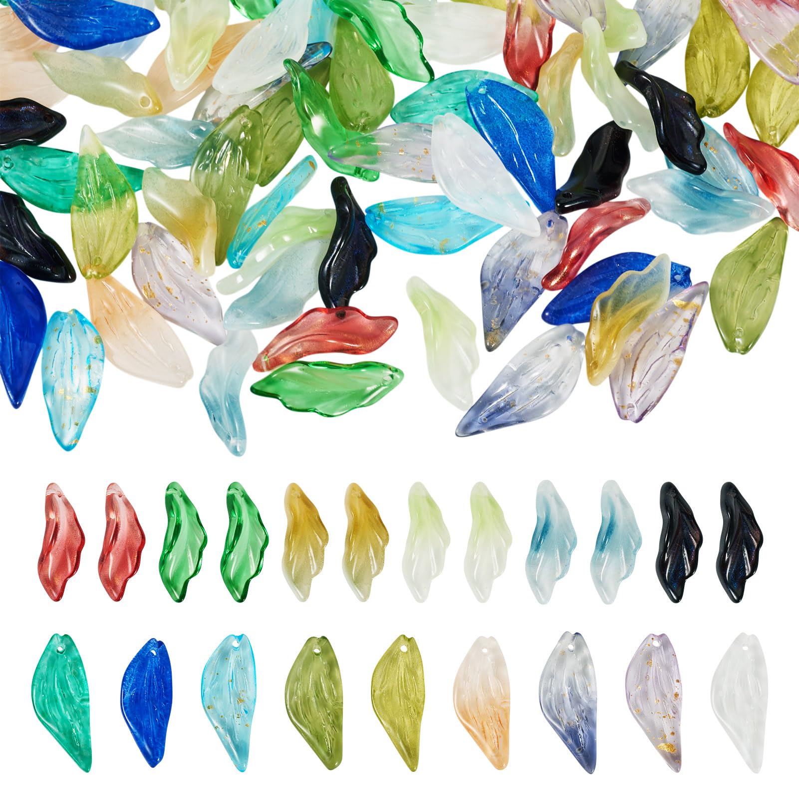 PandaHall 75 Pcs Glass Leaf Beads Transparent Leaves Pendants Beads Crystal Plant Colorful Spacer Bead for Earring Necklace Jewelry Making DIY Crafts