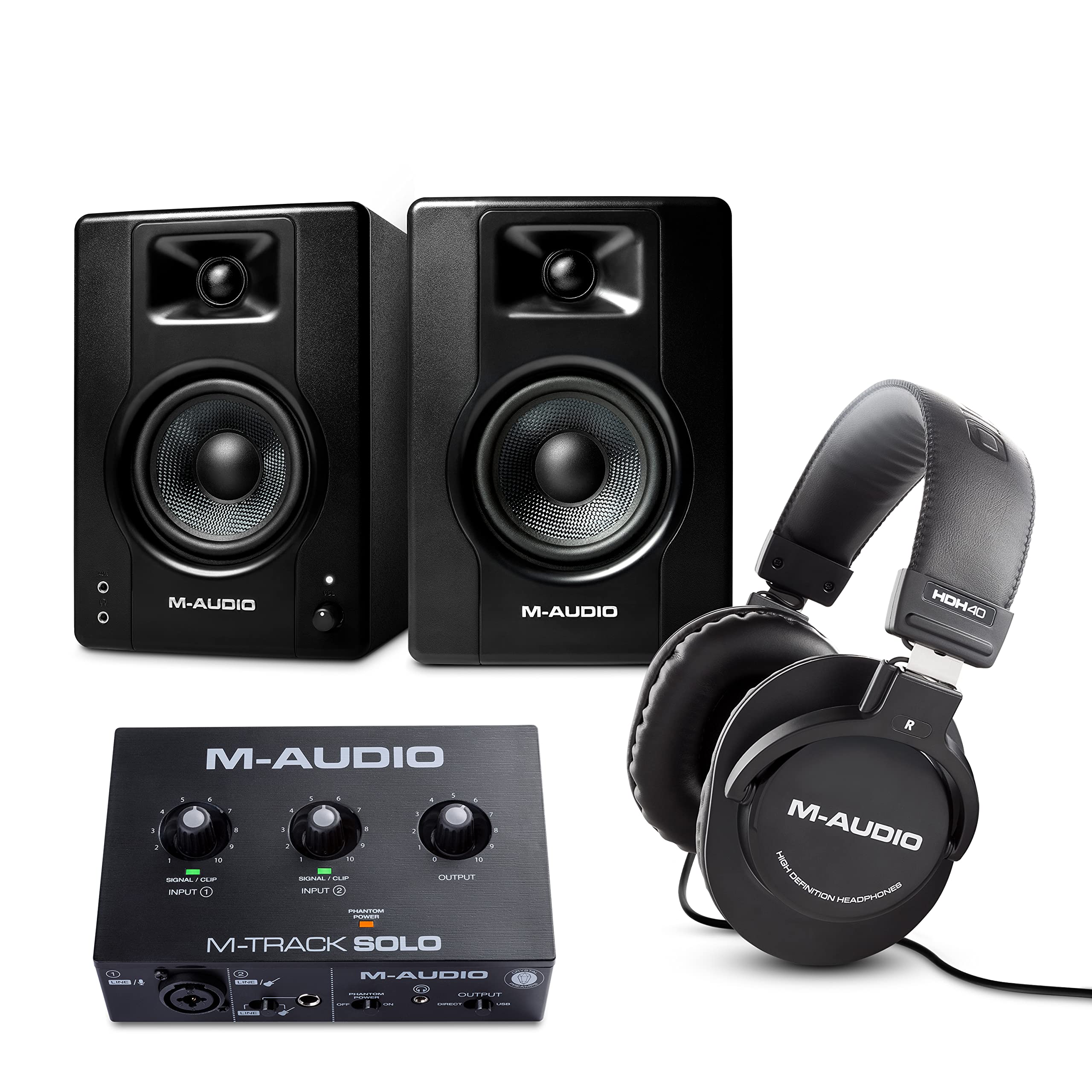 M-AudioStudio Bundle - USB Audio Interface, 3.5" Studio Monitors Pair and Over Ear Studio Headphones for Recording, Gaming, Streaming, Podcasting
