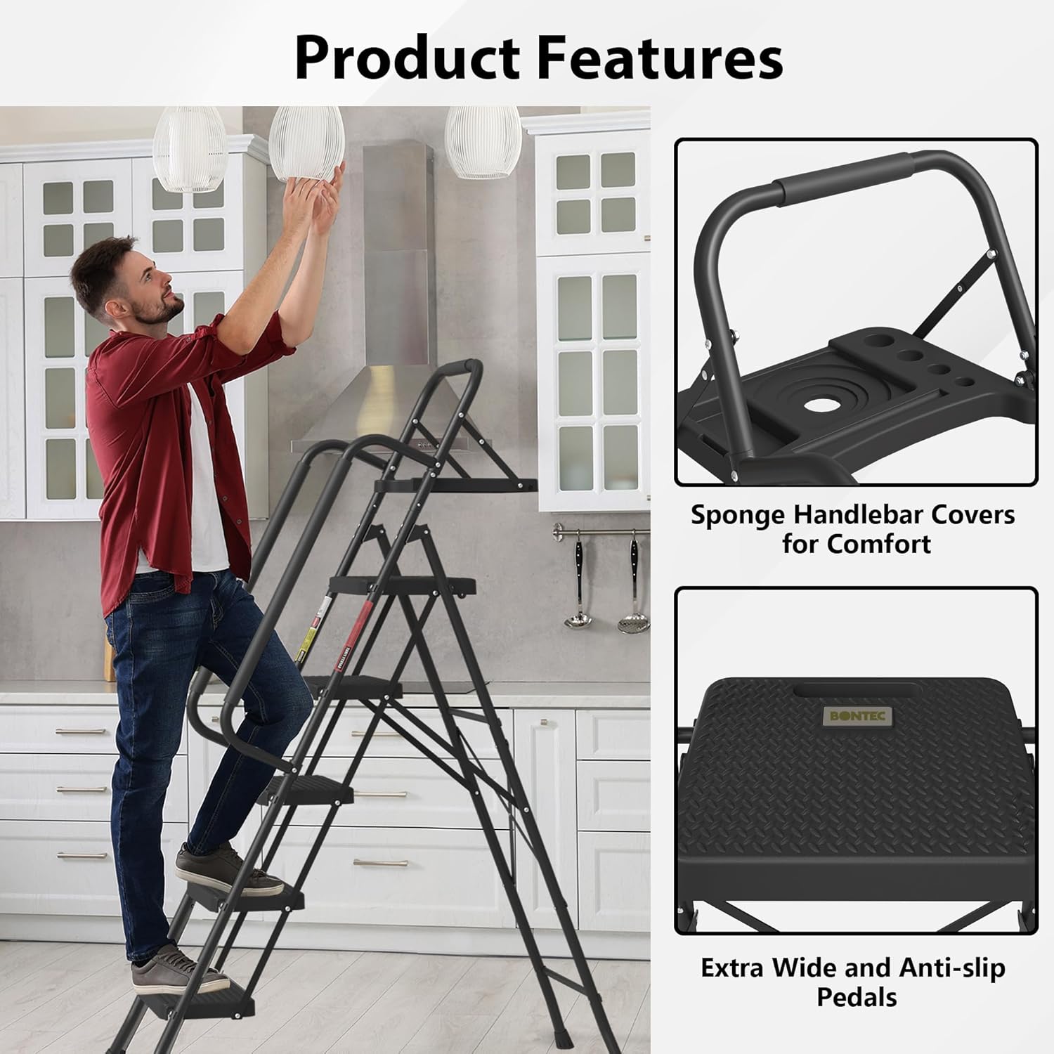 3-Step Ladder, Folding Step Stool, Max Load acity, Sturdy Steel,