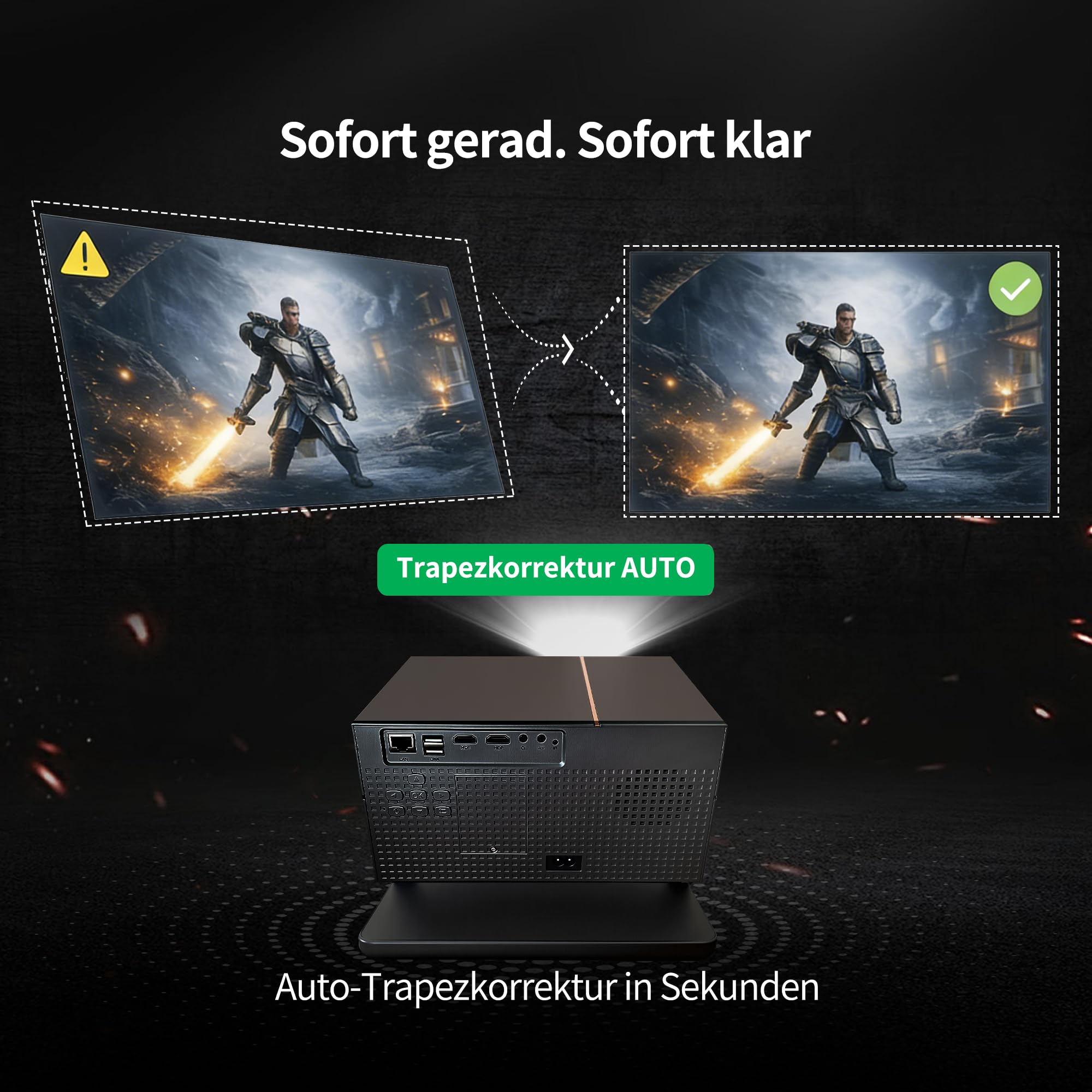 Proiettore con supporto 4K per Home Cinema - Proiettore Home Cinema 4K con autofocus e correzione trapezoidale automatica, proiettore Android per streaming online con Fire TV Stick, Netflix, ecc.