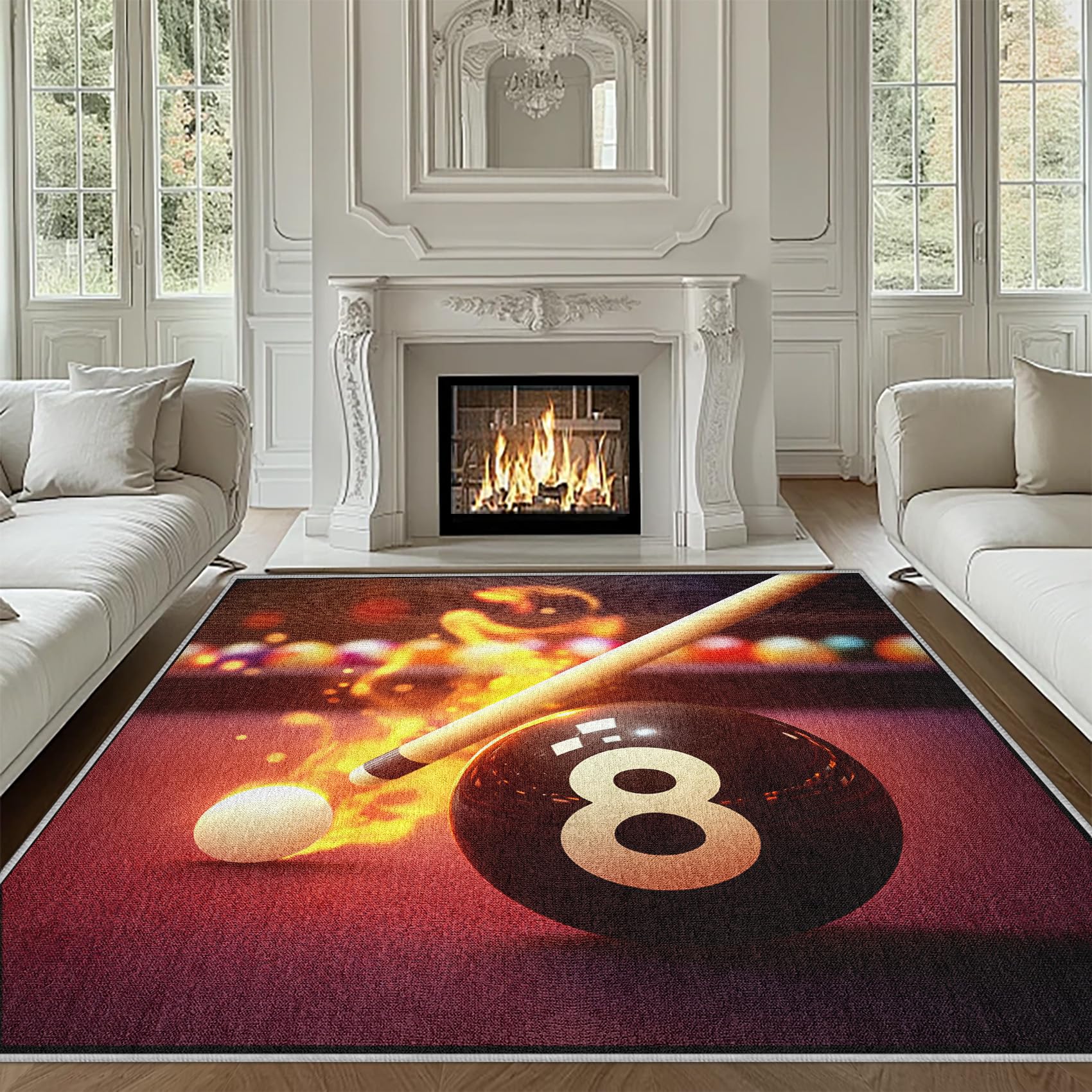 NurnXus 8 Ball 4x5 Area Rug, Flame Billiards Rugs for Living Room Washable, Snooker Game Throw Rugs Non Slip for Bedroom, Soft Low Pile Carpet for
