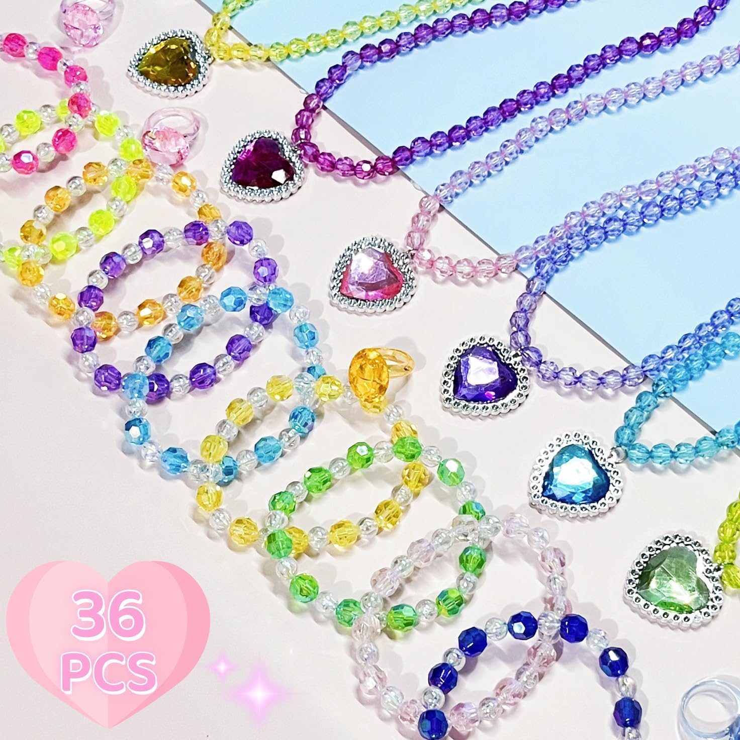 36 PCS Princess Party Favors, Princess Play Jewelry for Little Girls Toddler, Kids Necklace Bracelets Rings Set, Costume Dress Up Jewelry Birthday Gifts for 4 5 6 7 8 9 Years Old Girls