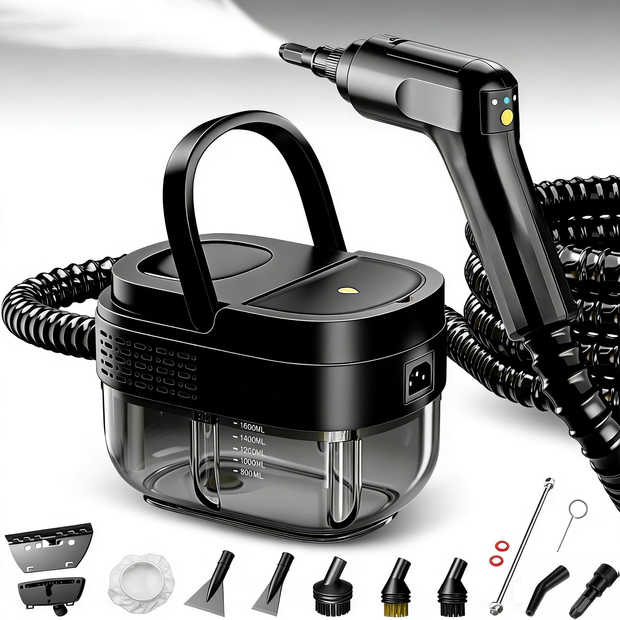 Nettoyeur Vapeur 2500W, Réservoir D’eau 1600ML, Poignée Réglable en 3 Positions, Haute Température 105℃ et Pression 3 Bar, Chauffe Rapide en 15s, 10 Accessoires, pour Voiture, Cuisine (Noir)