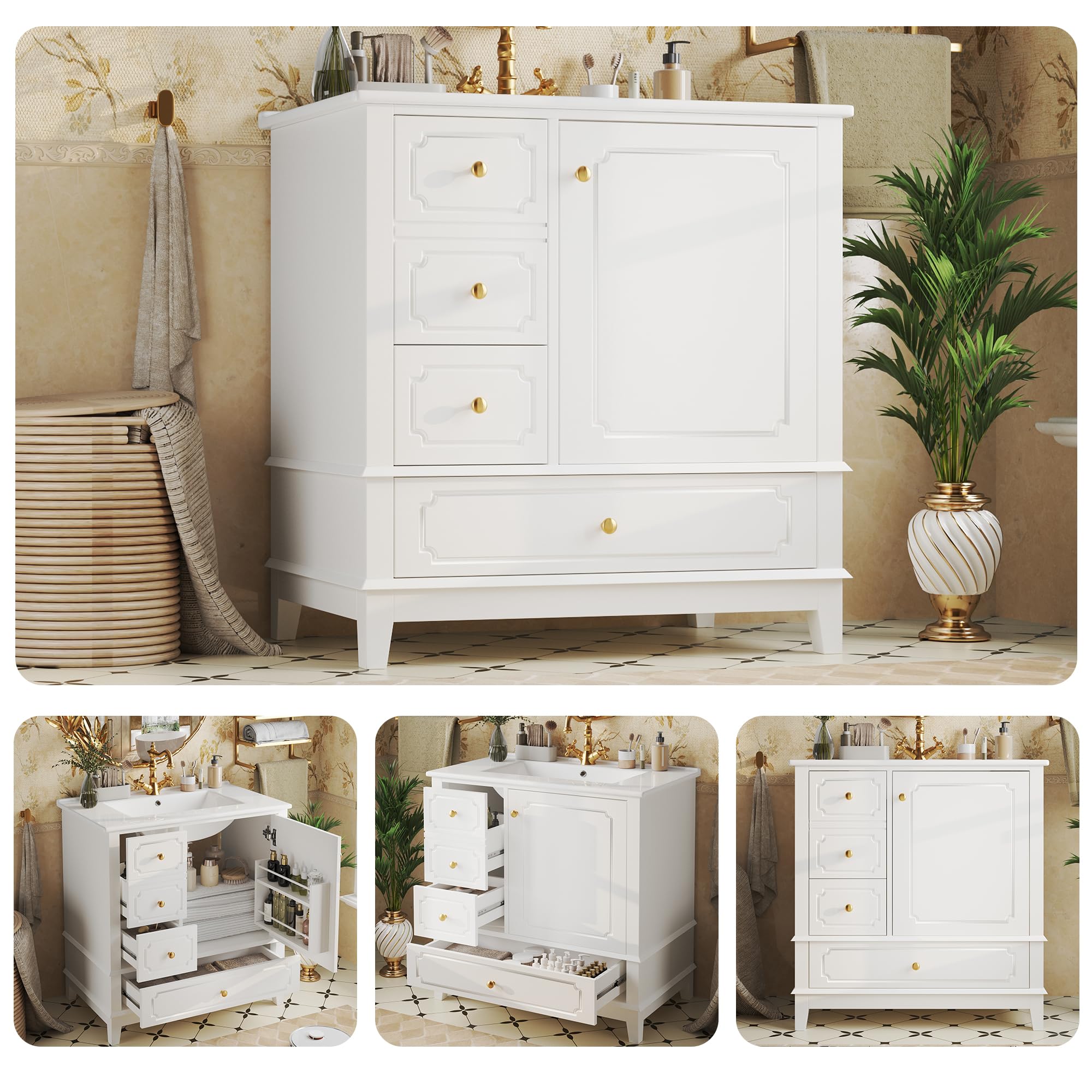 Armario para lavabo de baño de 76,5 cm con lavabo de cerámica y asas doradas, antibacteriano, con orificio de rebosadero y mucho espacio de almacenamiento, color blanco