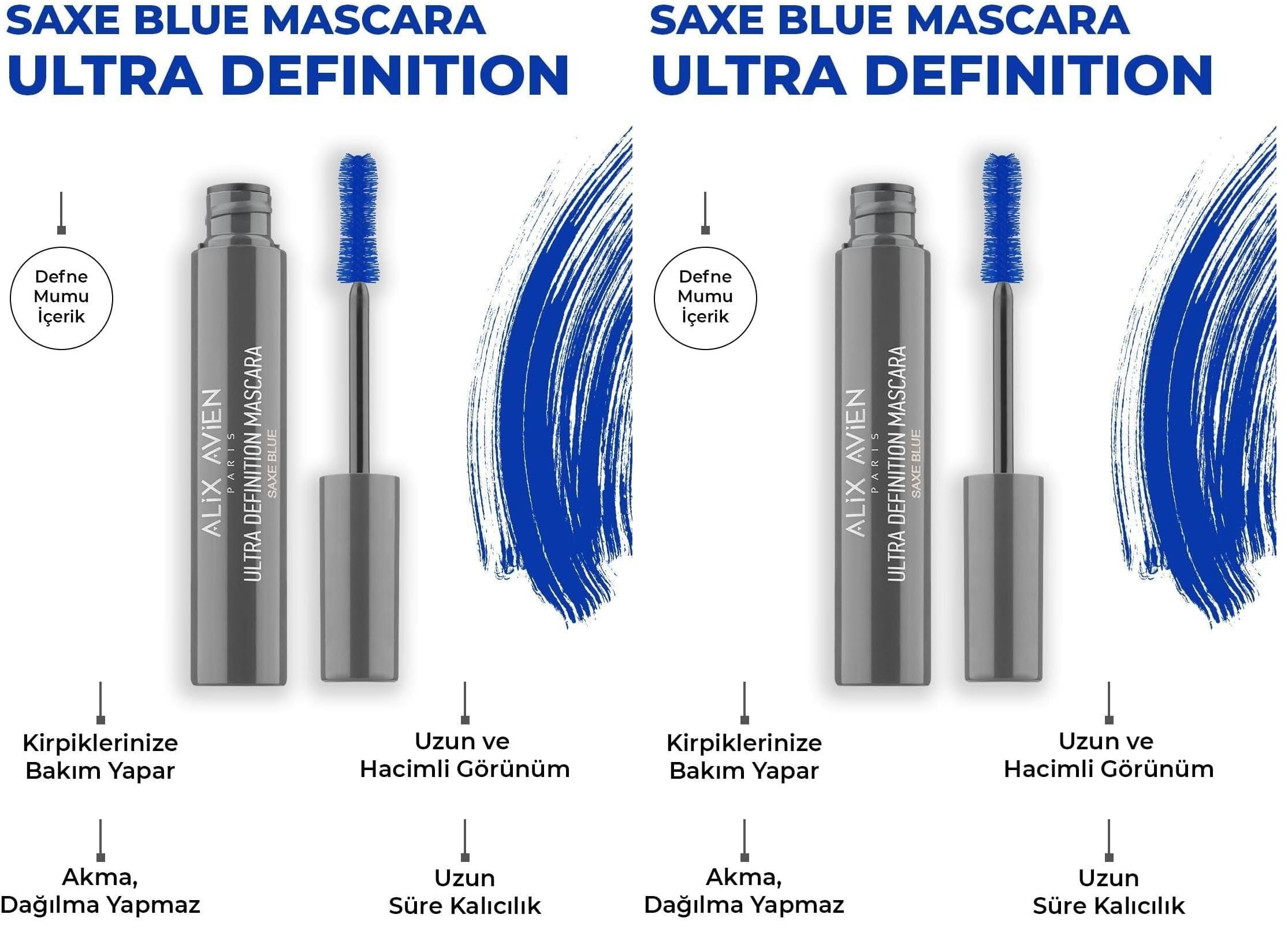 ALIX AVIEN Dolgun Kirpik, Kıvrım Ve Hacim Verici Kalıcı Etkili Mavi Maskara - Ultra Definiton Mascara Saxe Blue (2 paketi)