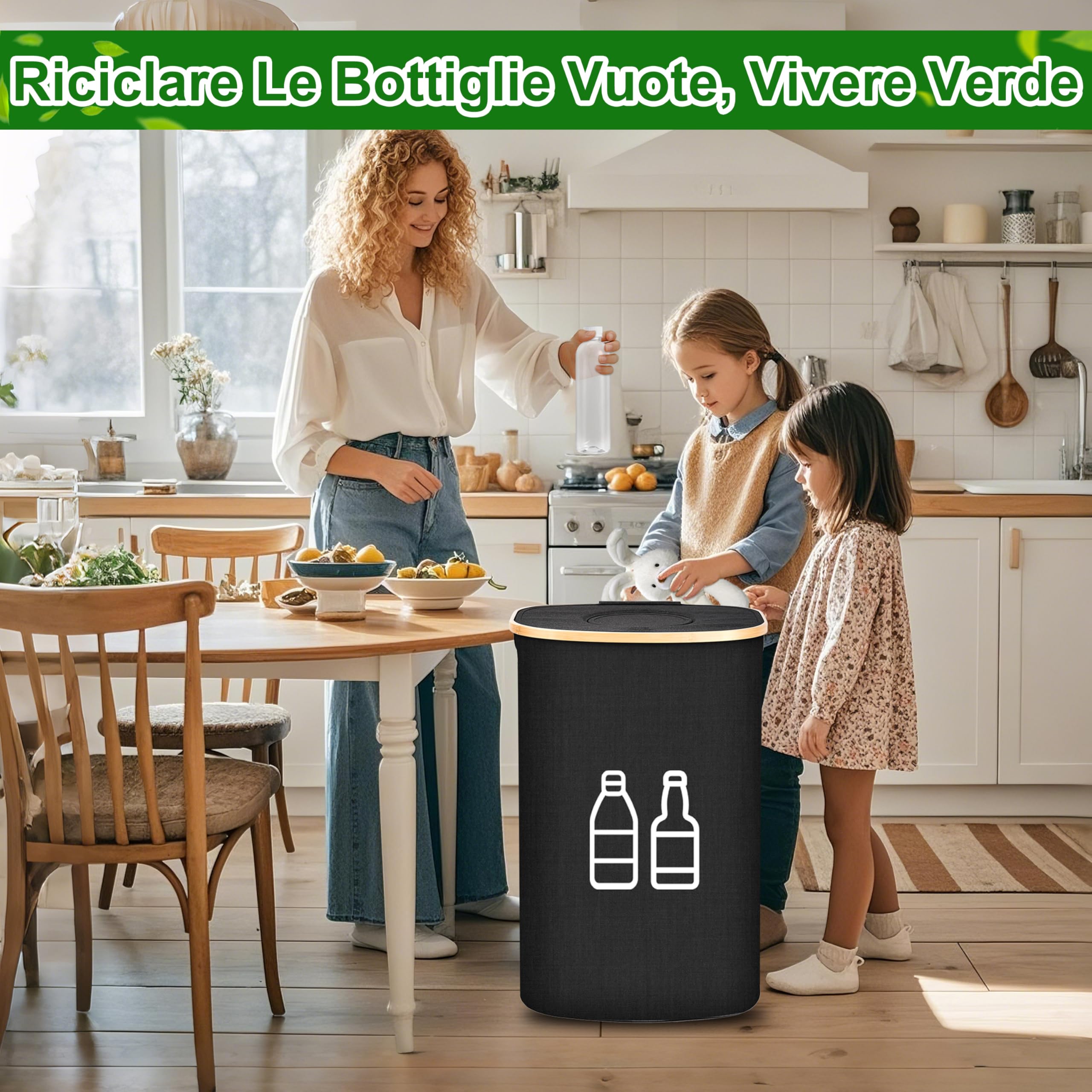 IEEILULU Raccoglitore di Bottiglie, 100L Pattumiera Differenziata per Bottiglia Plastica Bottiglia Vetro, Contenitori Raccolta Differenziata Interno, Bidone Raccolta con Foro per Cucina (Nero, 110L)