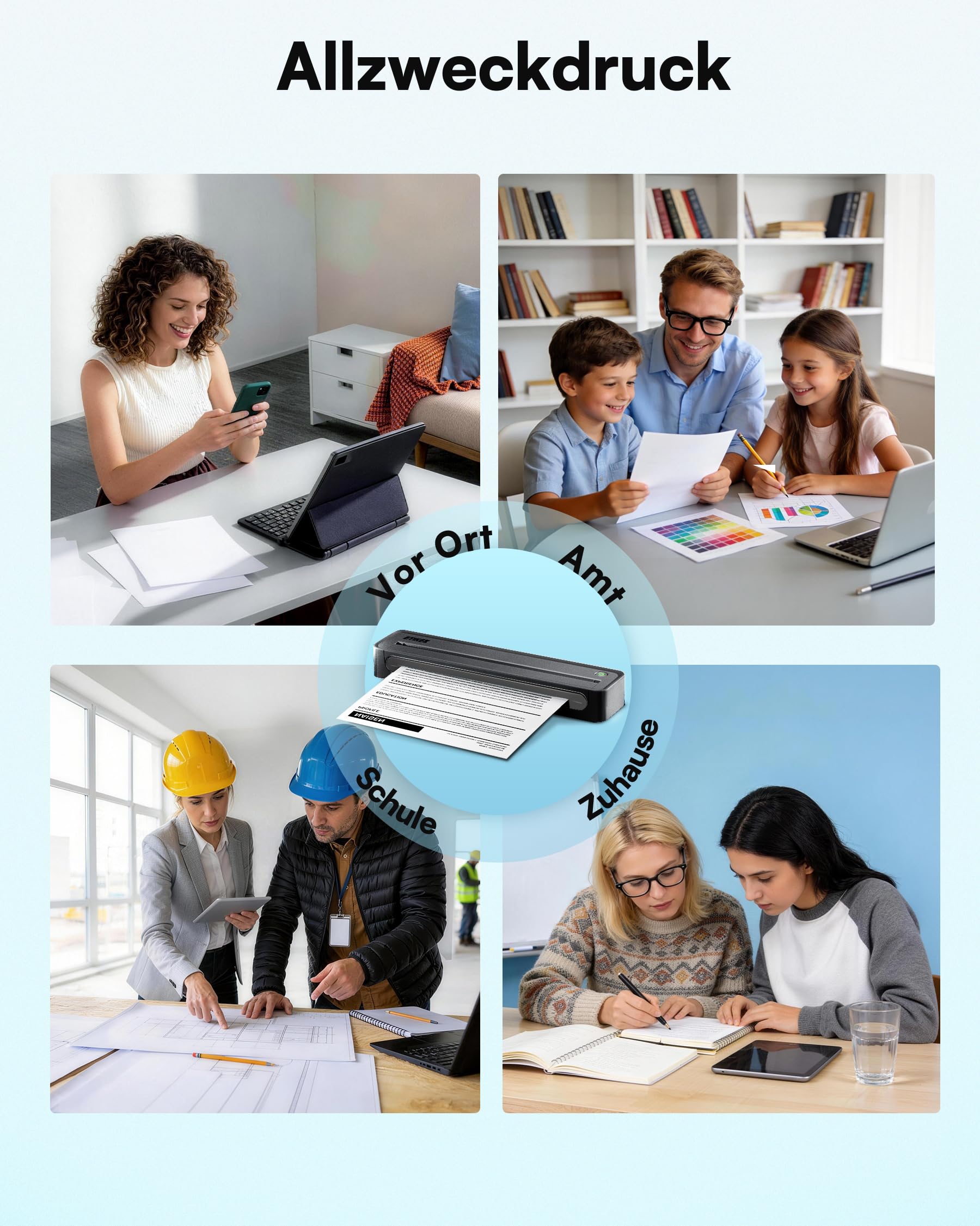 D90E Thermodrucker A4, Mobiler Tragbarer Drucker für Unterwegs, Büro, Schule & Zuhause, Kompatibel mit Windows/macOS/iOS/Android, Monochromer Reisedrucker, Schwarz, 1 Pack+ 10 Thermodruckpapier