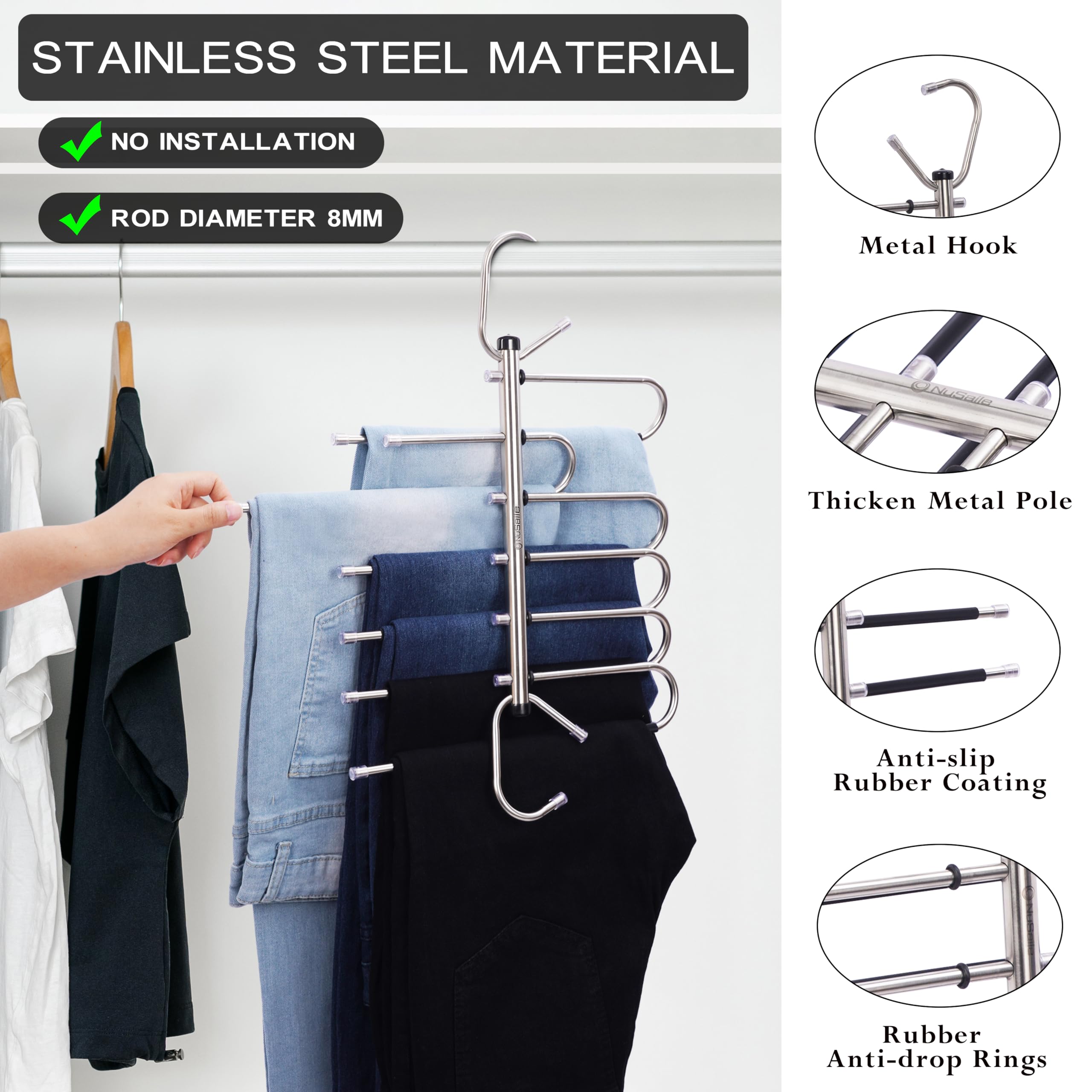 Magische Kleiderbügel für Jeans mit 6 Ebenen, platzsparende Hosenbügel, mehrere Kleiderbügel in einem für Leggings, Hosen und Schals, rutschfeste Hosenbügel aus Edelstahl für