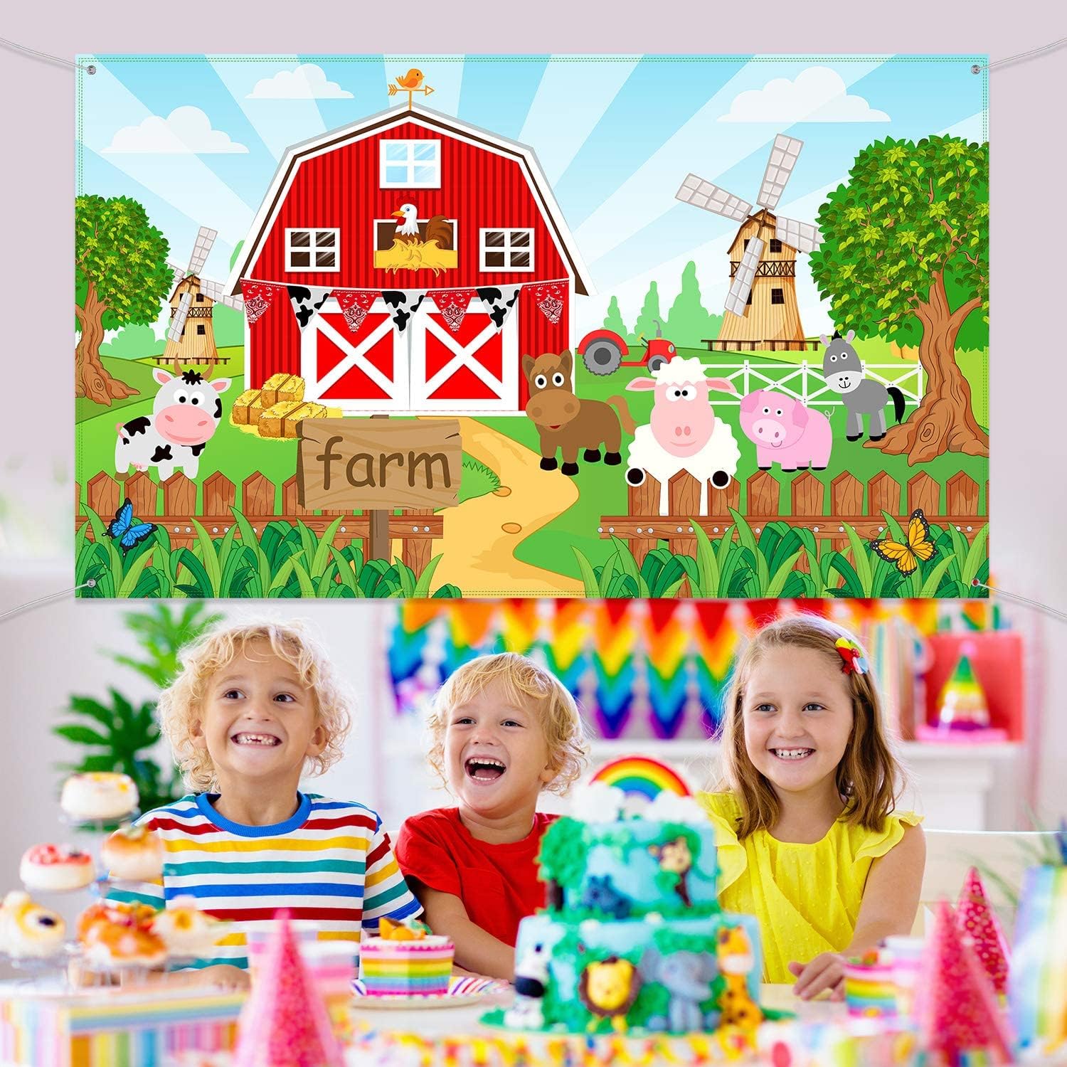 Farm Animals Theme Party Decorations, Farm Animals Barn Door Backdrop Banner for Children Baby Shower Birthday Party Supplies, Farm Animals Scenic Background Photo Booth Banner, 72.8 x 43.3 Inch