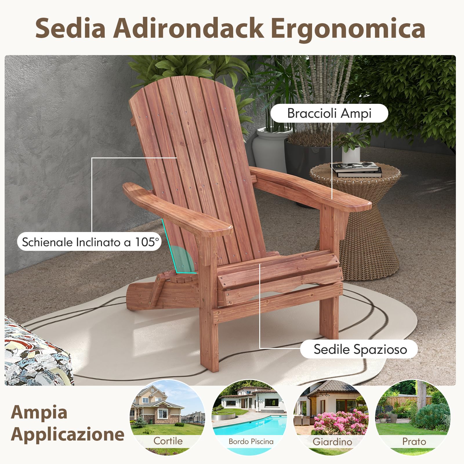 RELAX4LIFE Sedia Adirondack Pieghevole da Giardino in Legno, Max 180KG | Poltrona Bassa a Doghe con Braccioli, Schienale e Sedile Ampio, Esterno e Interno per Terrazza/Patio/Balcone