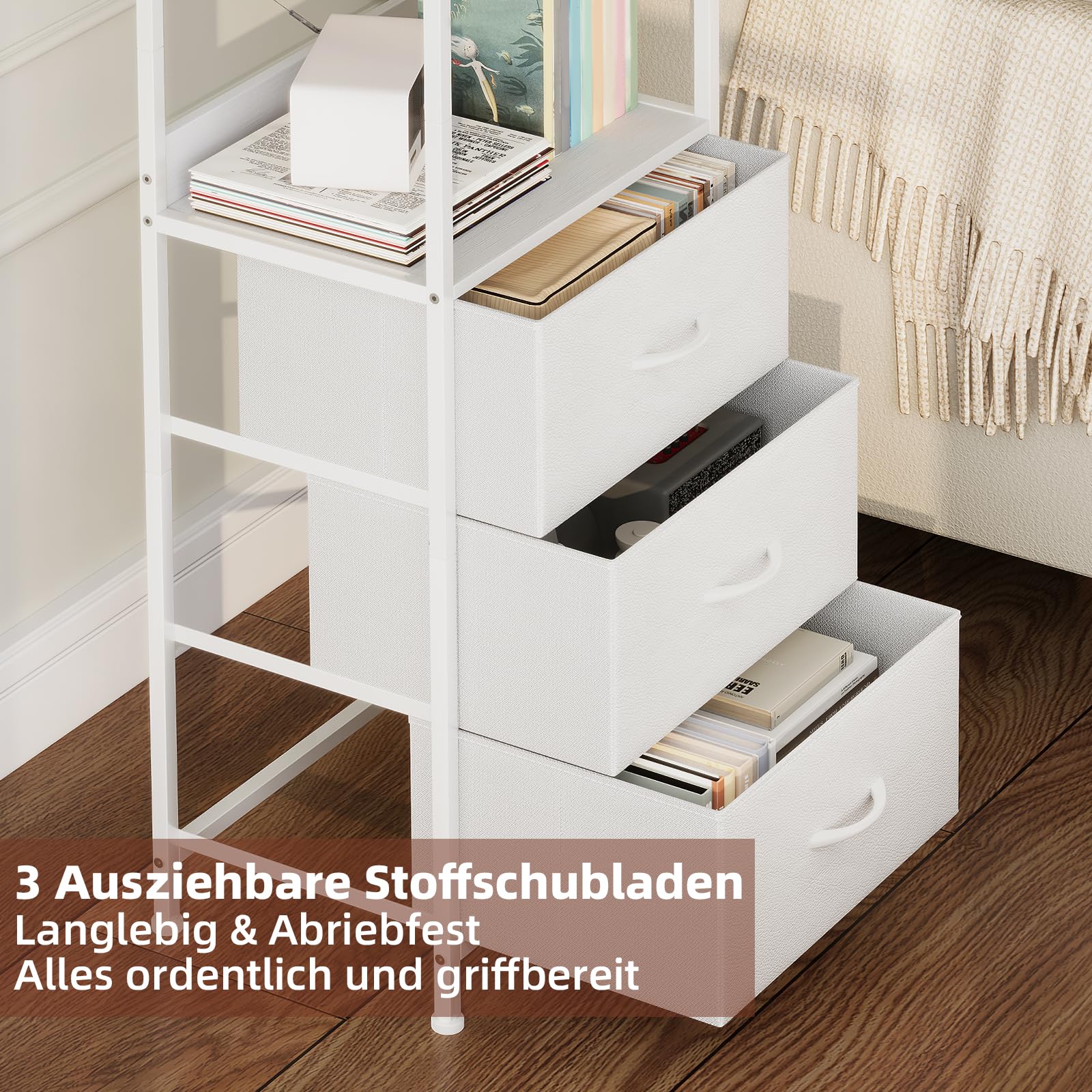 Somdot Bücherregal Standregal Aufbewahrungsregal für Arbeitszimmer Homeoffice, Büroregal Bücherschrank Präsentationsregale, 5 Ebenen 3 Stoffschubladen, Weißes Leder, 30T x 42B x 115H cm