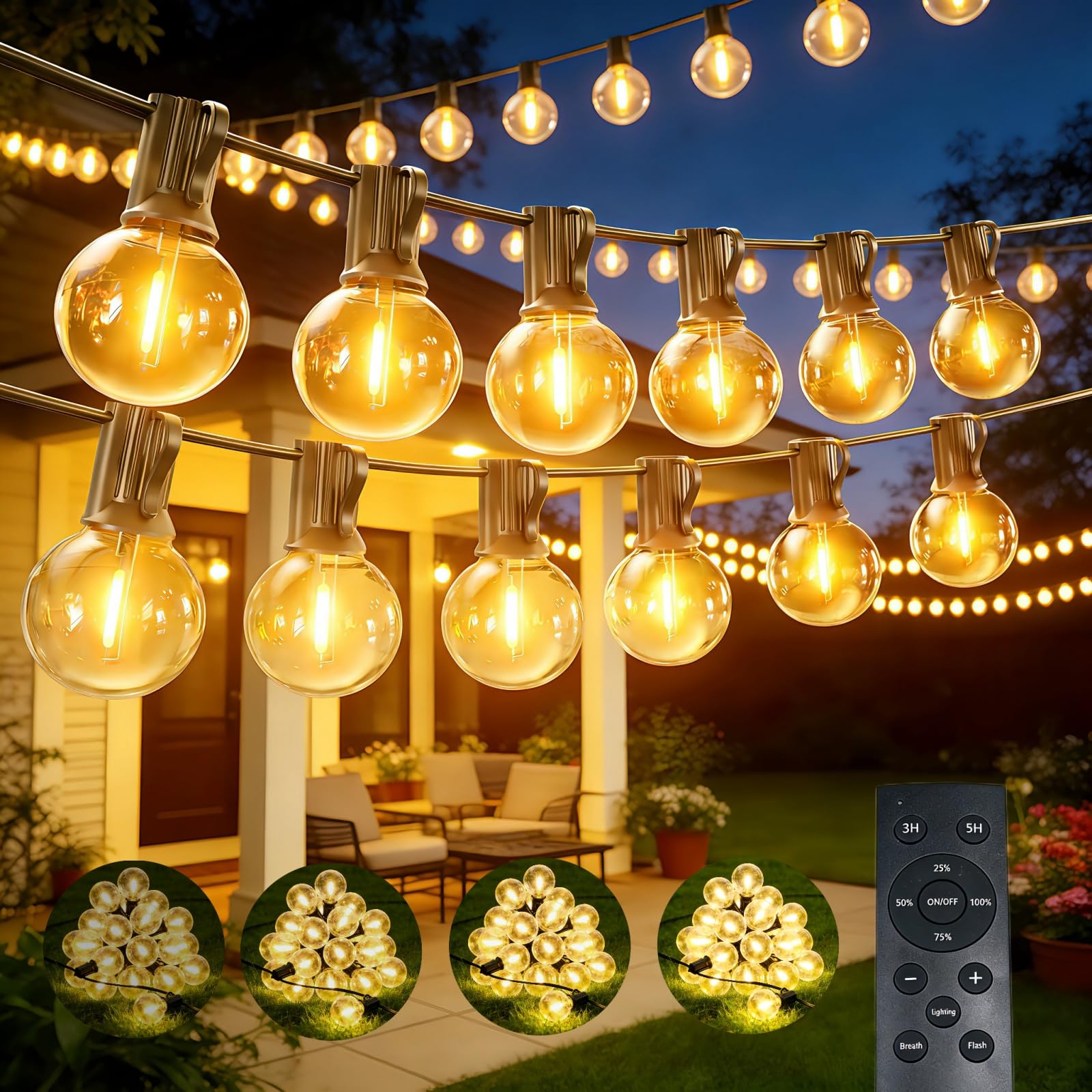 Guirnalda Luces Exterior Jardín 20M con Control Remoto, con 25+2 LED G40 Bombillas, Blanco Cálido, 3 Modos/Impermeable/Regulable/Sincronización, Guirnalda para Jardin, Terraza, Fiestas, Patio