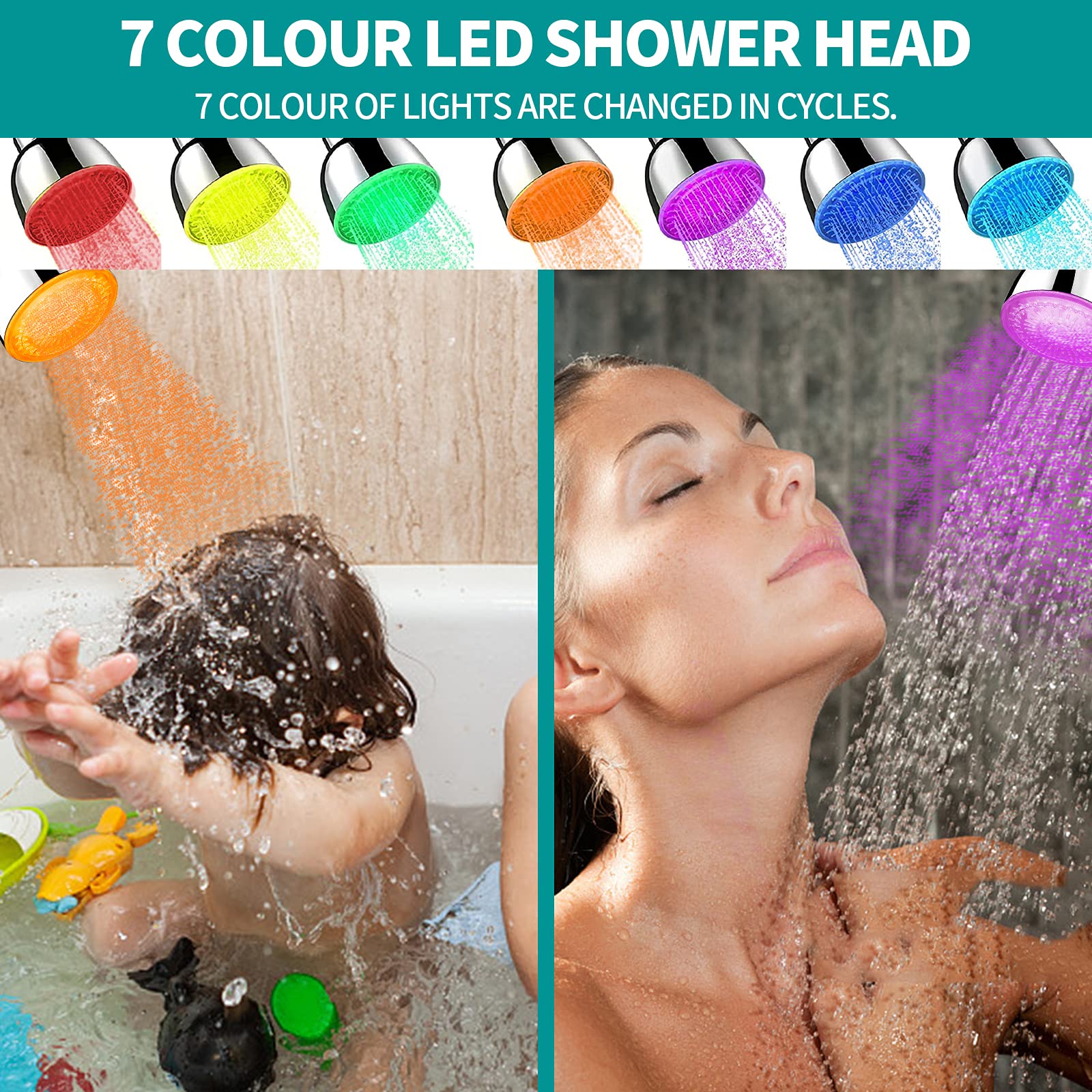 Cabezal de ducha LED, 7 luces de color cambian automáticamente el cabezal de ducha fijo para baño, instalación sin herramientas, ajustable, ultra silencioso de alta presión para niños y adultos