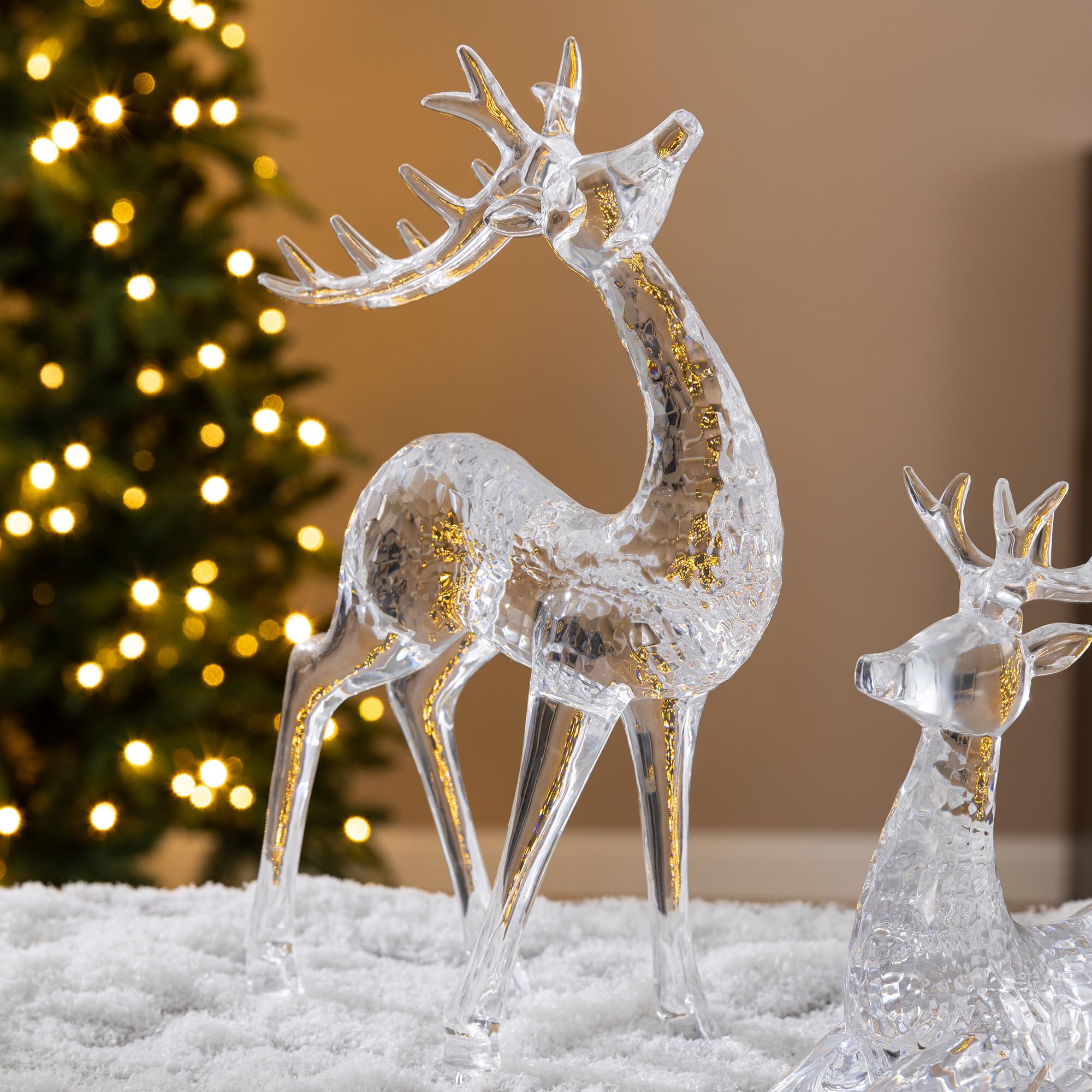 Glitzhome Lot de 2 figurines de renne de Noël transparentes de 27,9 cm debout et de 17,14 cm couché, statues de cerf d'hiver pour cheminée, centre de table, décoration d'intérieur
