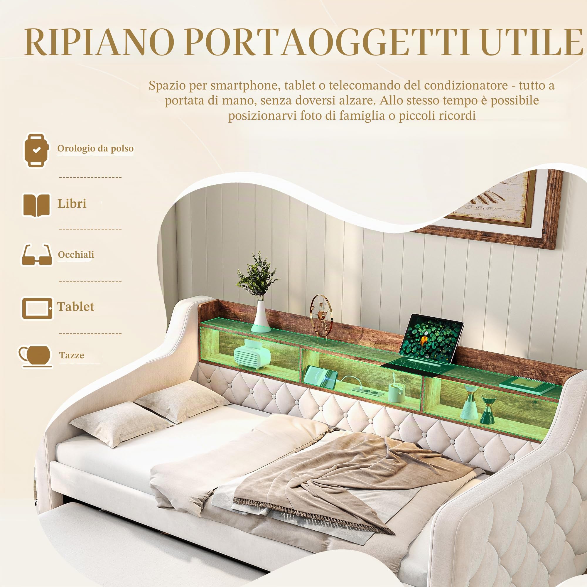 Divano Letto 90x190cm in Velluto con Luce LED e Porta USB-C, Testiera Contenitore, Letto Imbottito Matrimoniale con Reti a doghe, Struttura in Metallo e Legno, Sofa Bed Beige