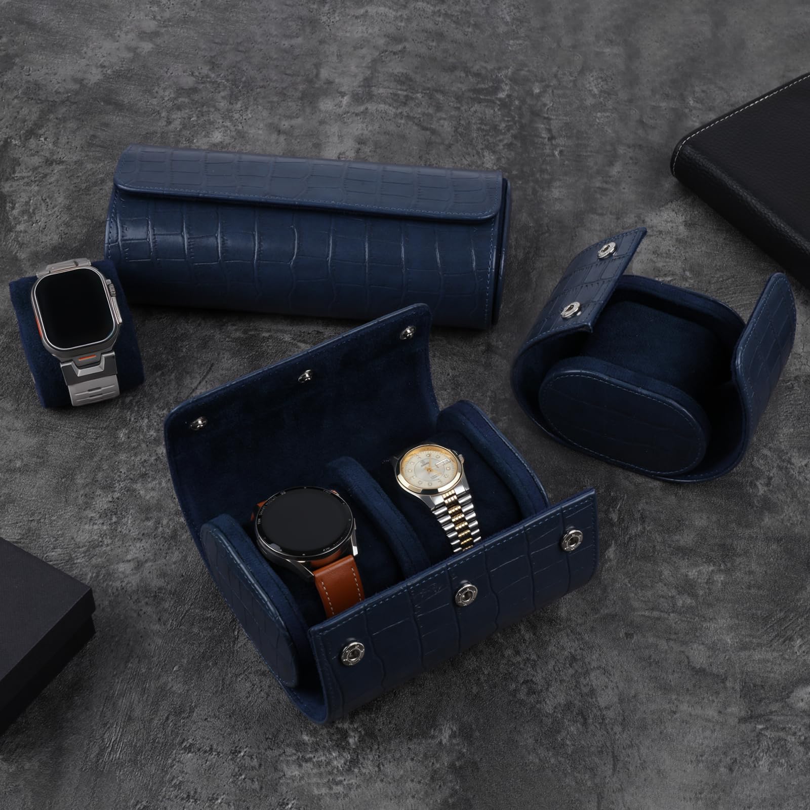 Leder Uhrenbox für 3 Uhren Kunstleder (Dunkelblau | 3 Schlitz) | Kunstleder mit Krokodilmuster ,Luxus Vintage Uhrenaufbewahrungsbox Tragbare Reise Uhrenrolle für Geburtstag, Weihnachten