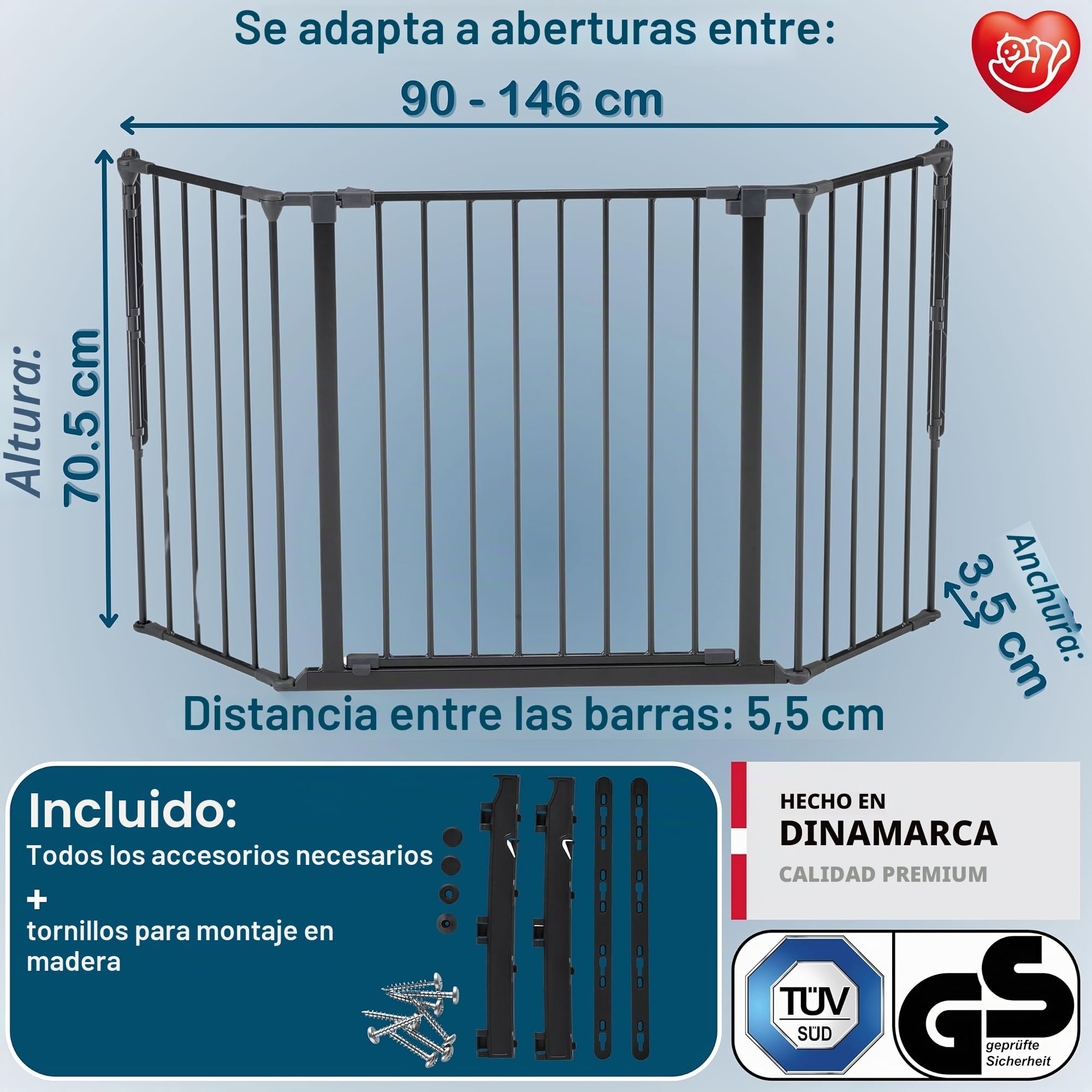 BabyDan Flex M 90-146 cm Puerta de Escalera, Divisor de Habitación, Negro, Hecho en Dinamarca, Barriere por bebé, Puerta de seguridad (Puerta para mascotas, Parque para perros, Parque para perros)