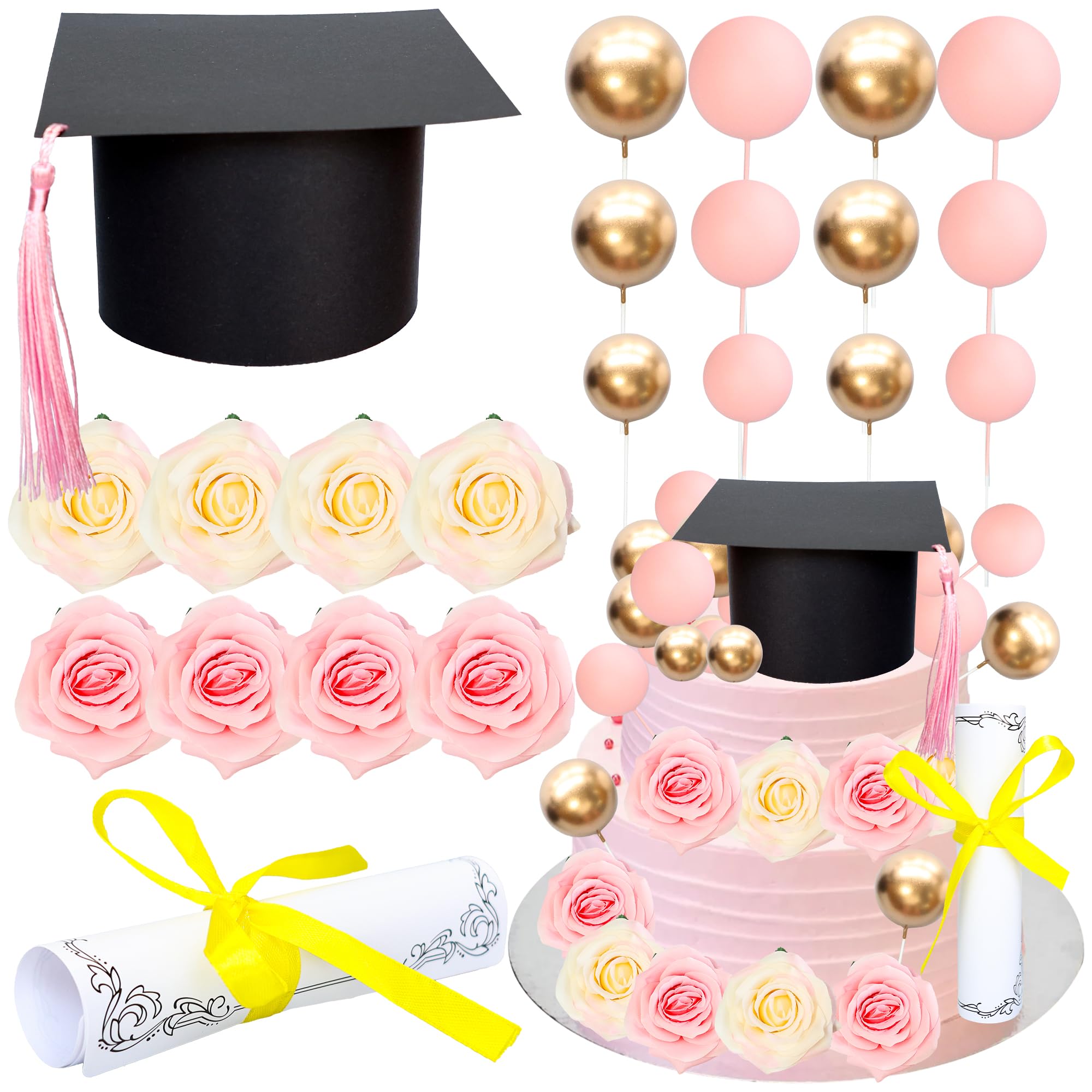 Ephlyn 40 Pack 2026 Graduation Cake Toppers Class of 2026 Cap Diploma Balls Flowers Congrats Grad Cake Decorations for 2026 High School College Senior