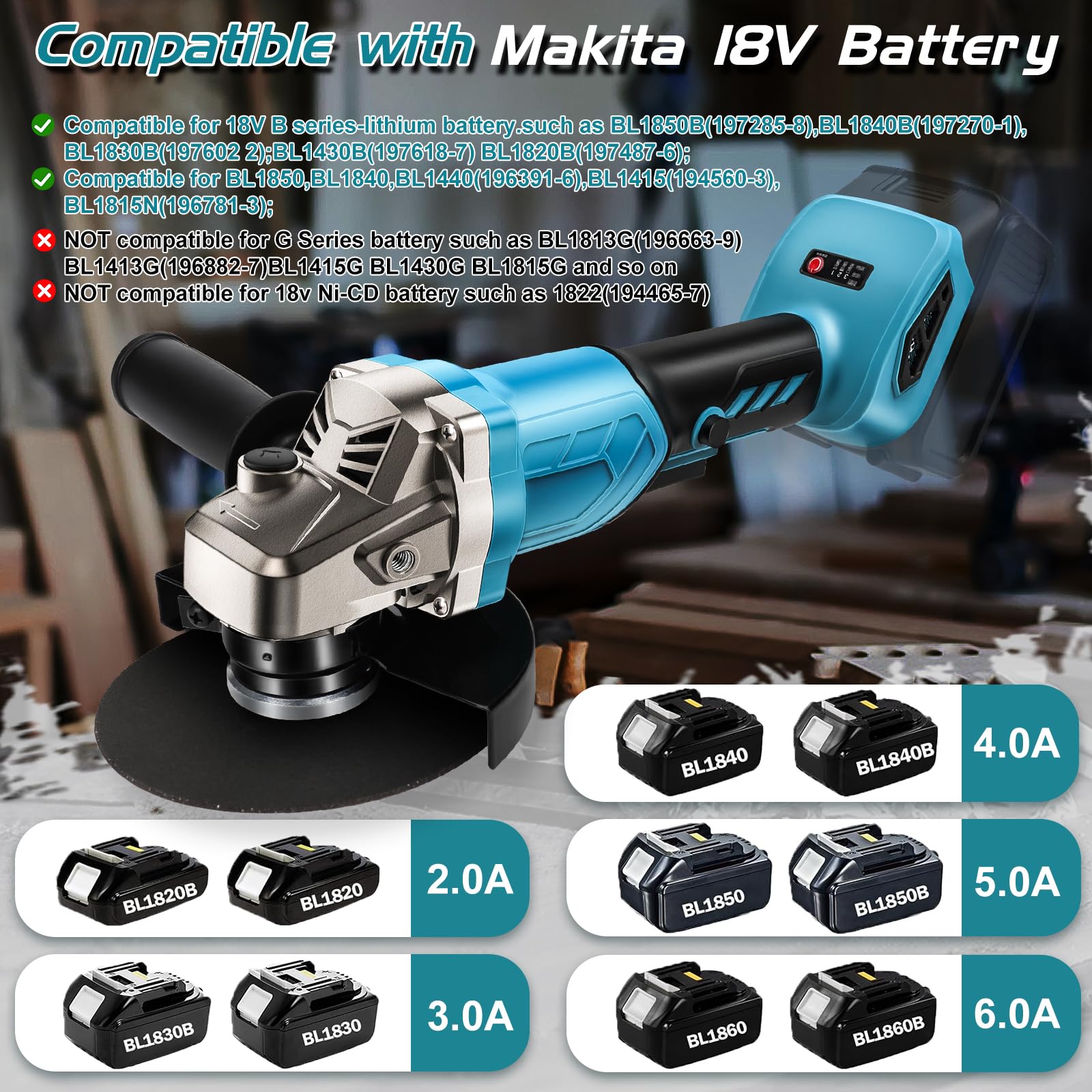 Accu-haakse slijper voor Makita accu 18 V, draadloze slijper met borstelloze motor, schijfbescherming, 125 mm diameter, 3 snelheden, 10.000 tpm, voor snijden en slijpen (zonder snijblad