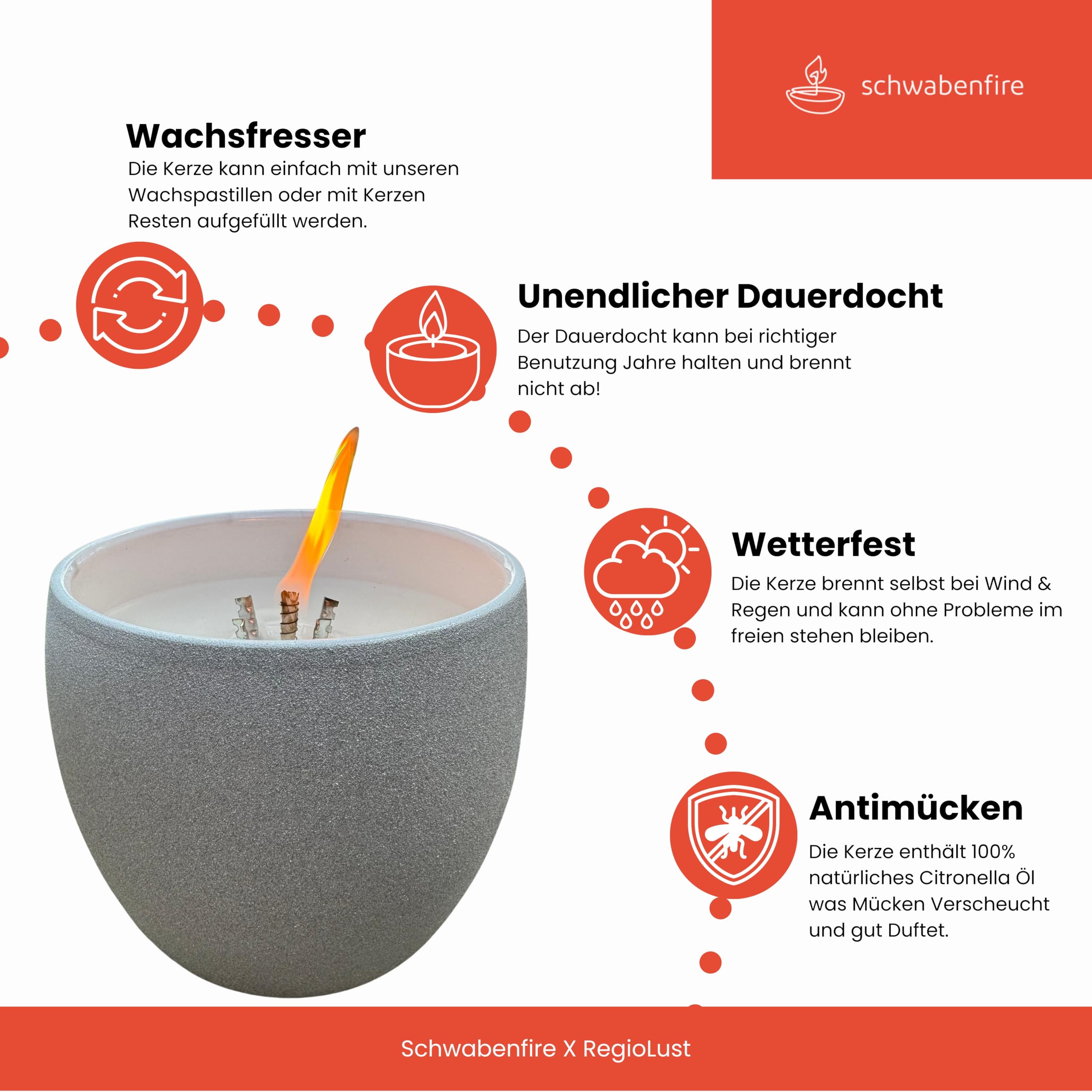 Schwabenfire Spezial Outdoor Kerze in Terracotta Schale Grau Duftkerze mit 100 % natürlichem Citronella Öl und unendlichem Dauerdocht Windlicht Outdoor Tischfeuer Campingkerze Geschenke für Frauen