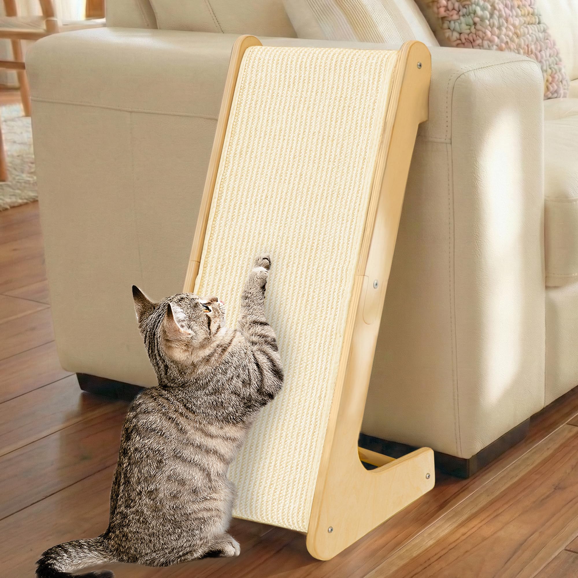 PETKARAY L-Shaped Dual-Use Sisal Cat Scratcher, 64 cm Tall Natural Sisal Cat Scratching Post, L-Shaped Pet Furniture Protector with Catnip, White
