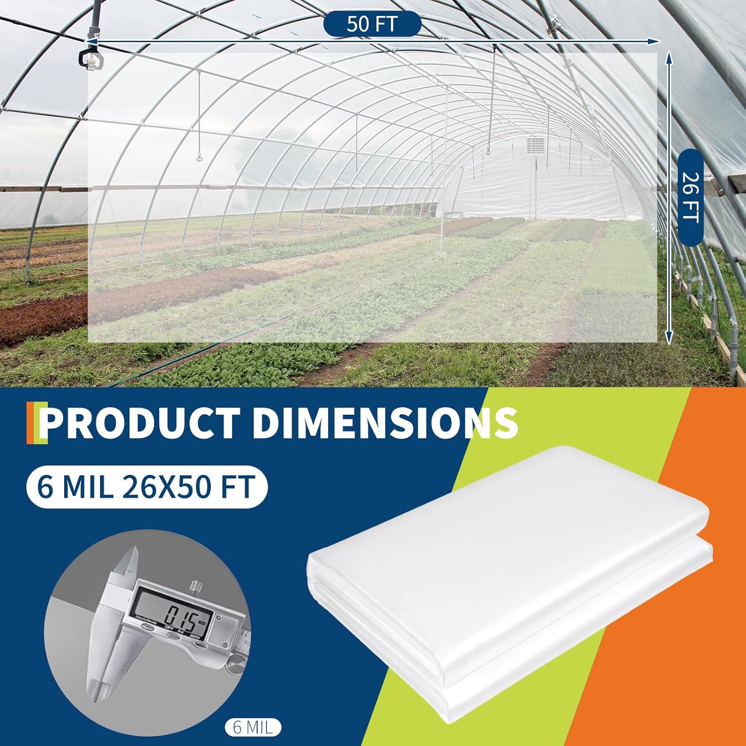 26x50 ft Green House Plastic Covering, 6 Mil Greenhouse Plastic Sheeting Plant Cover, UV Resistant Freeze Protection for Farm, Garden, Agriculture, Painting - Anti-Aging 2 Years
